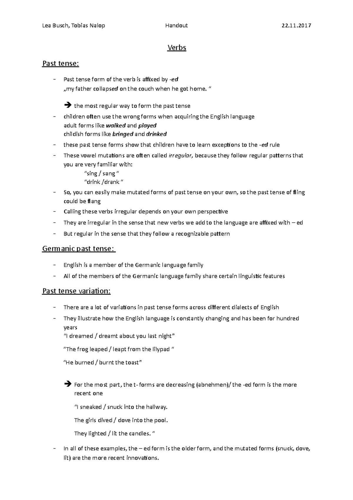 Handout Presentation Grammar Class Sommersemester Verbs Past Tense 