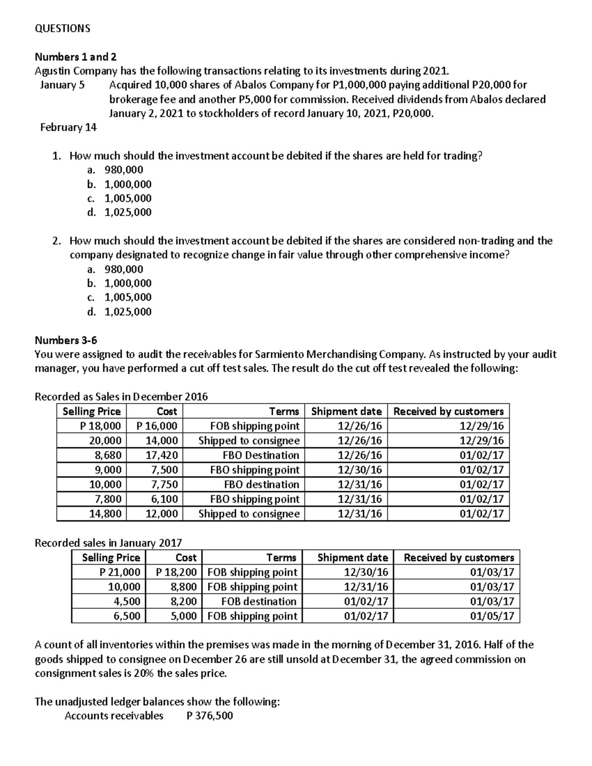 AUD Sample Updated - Numbers 1 and 2 Agustin Company has the following ...