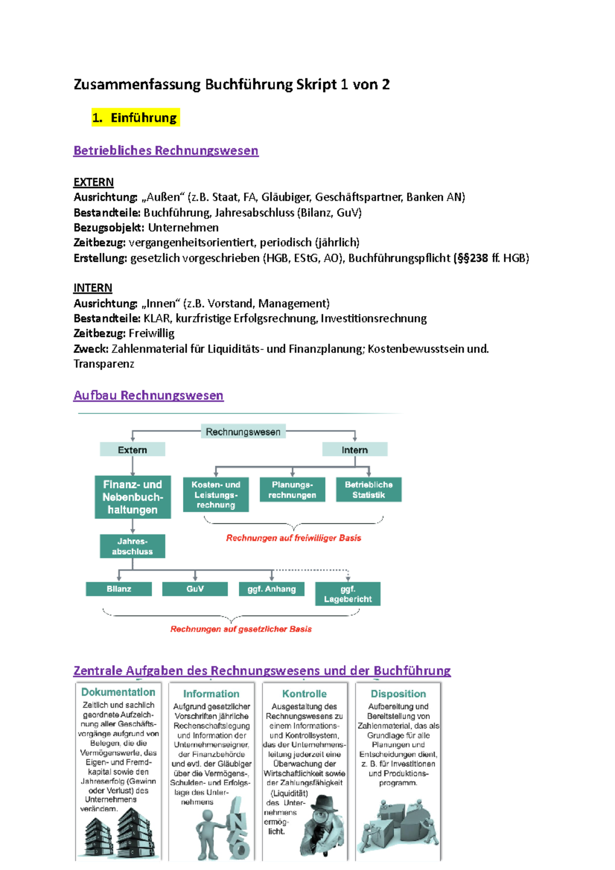 Zusammenfassung Buchführung Skript 1 Von 2 - Einführung Betriebliches ...
