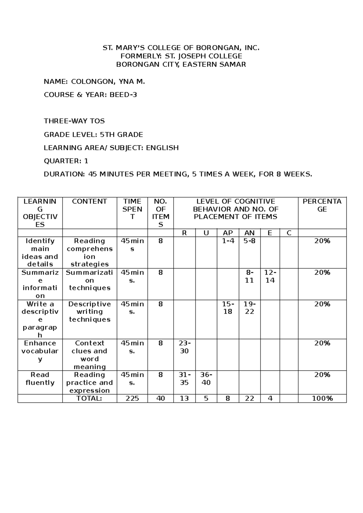 5th grade Three-Way TOS - ST. MARY’S COLLEGE OF BORONGAN, INC. FORMERLY ...