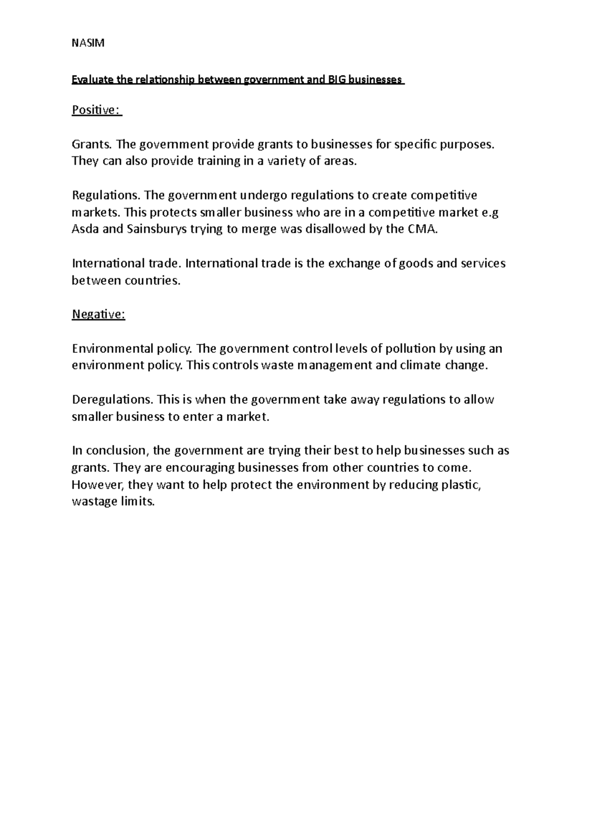 Gov and business - NASIM Evaluate the relationship between government ...
