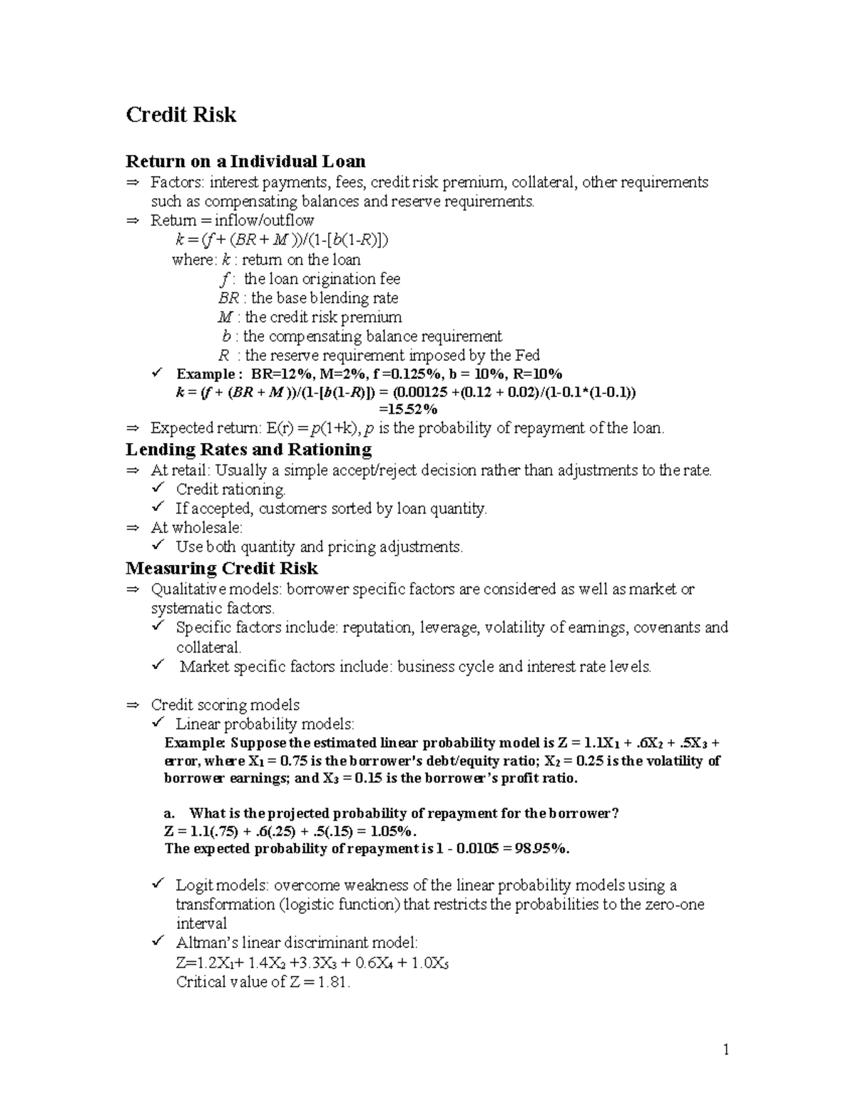 credit risk in bank - Credit Risk Return on a Individual Loan Factors ...