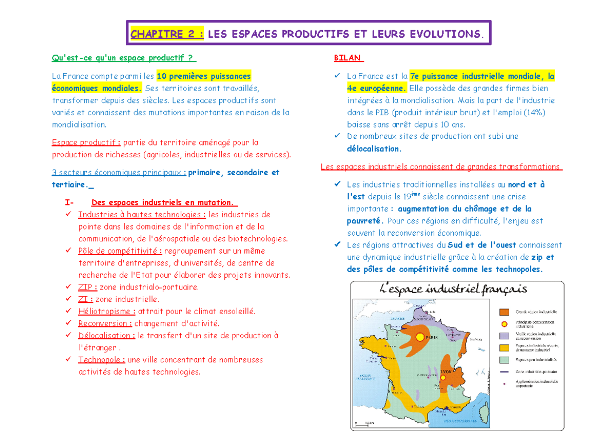 Chapitre 2. LES Espaces Productifs ET Leurs Evolutions - CHAPITRE 2
