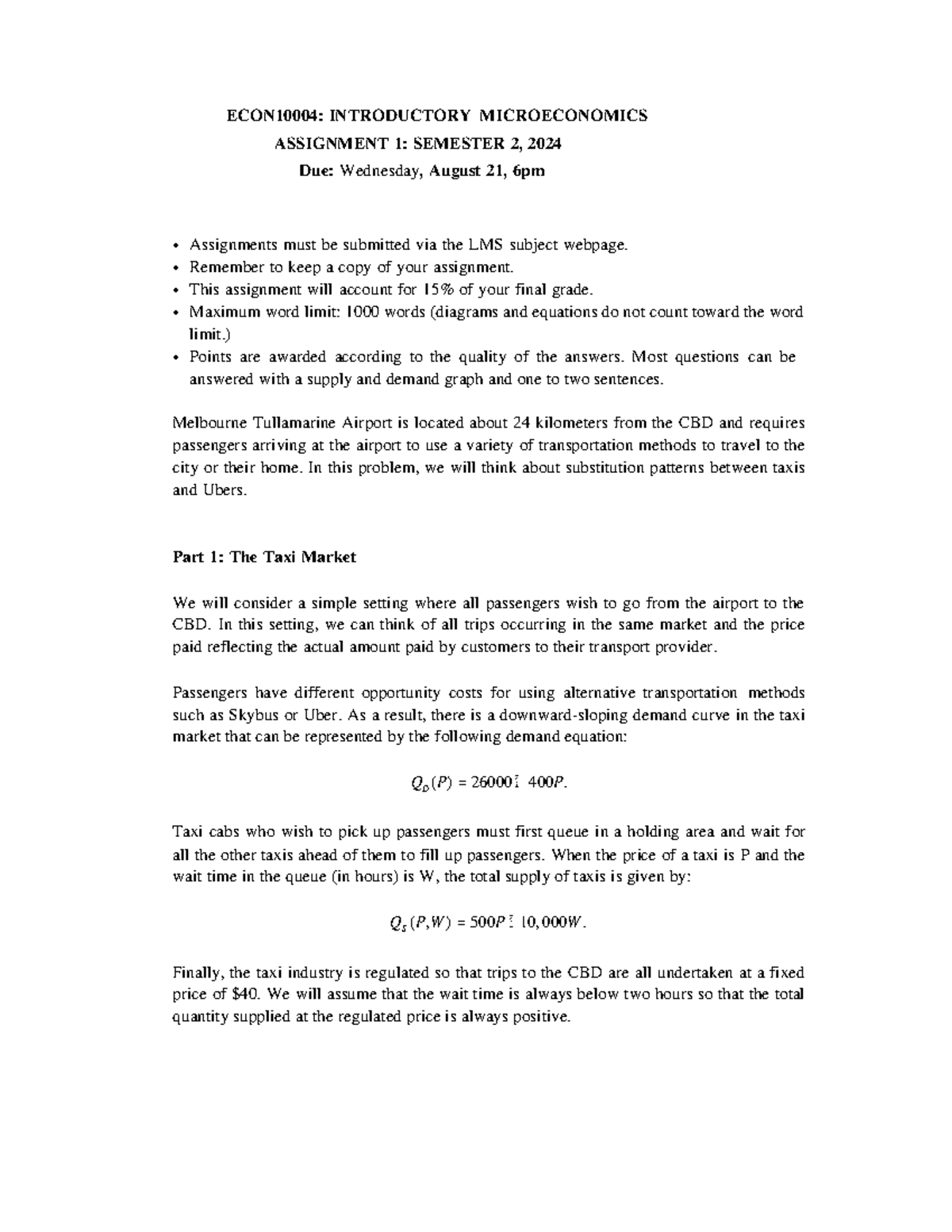Assignment 1 2024 Semester 2 - ECON10004: INTRODUCTORY MICROECONOMICS ...
