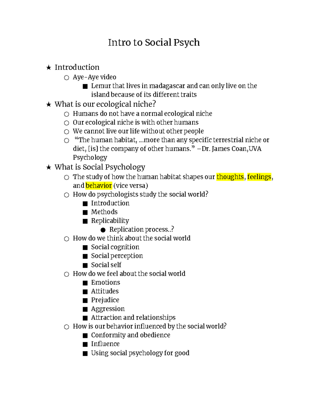 1 Social Psych lecture - Intro to Social Psych ★ Introduction Aye-Aye ...