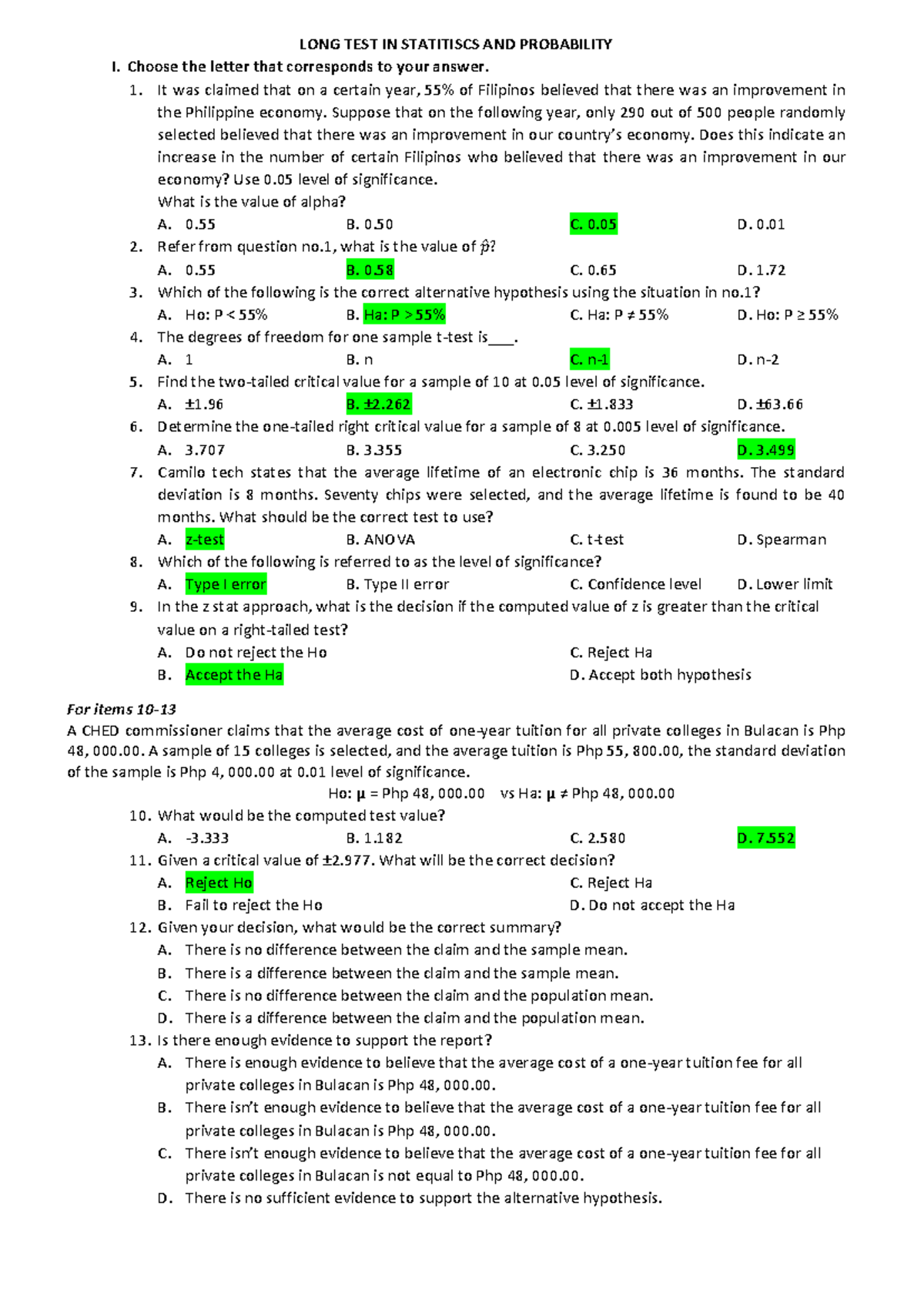 LONG TEST IN Statitiscs AND Probability - LONG TEST IN STATITISCS AND ...