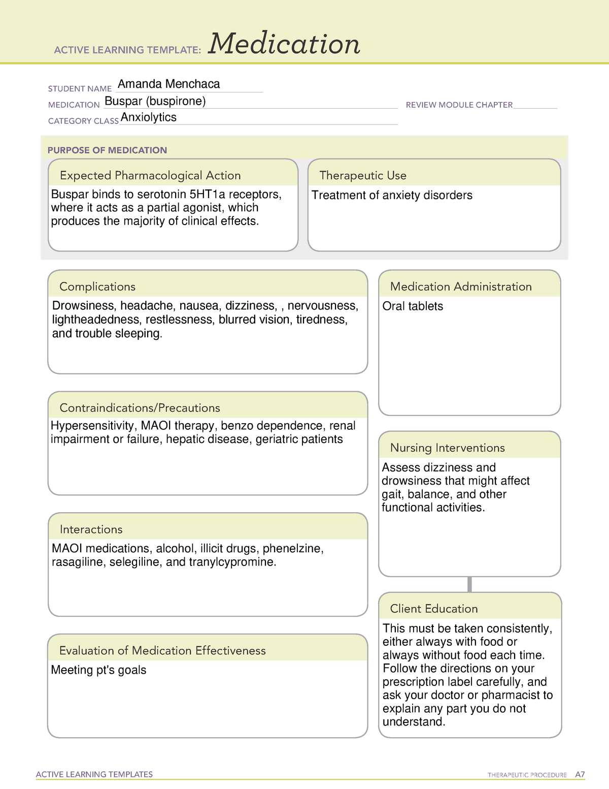 Buspar-MED - ATI medication card template - NUR23 - pharmacology With Regard To Med Card Template
