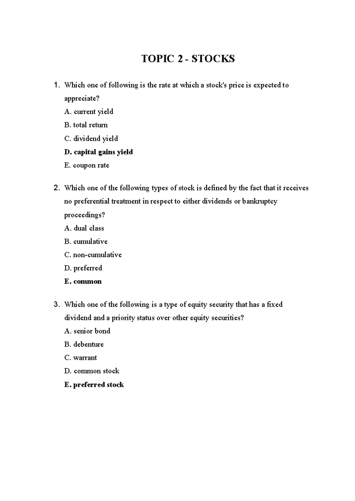 15 questions - Topic 2 - câu hỏi trắc nghiệm về stocks - TOPIC 2 ...