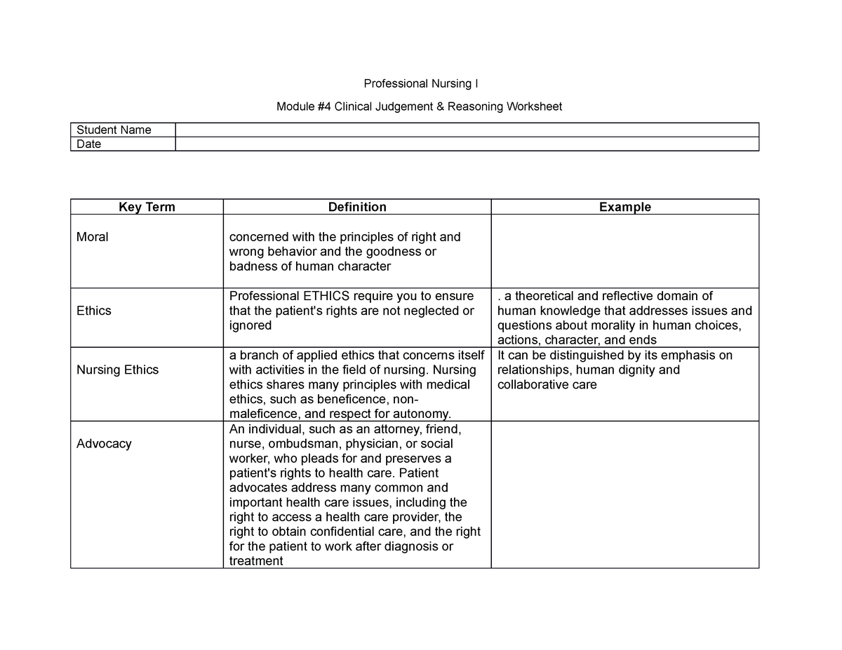 Module 4 Clinical Judgment Worksheet Professional Nursing I Module 4