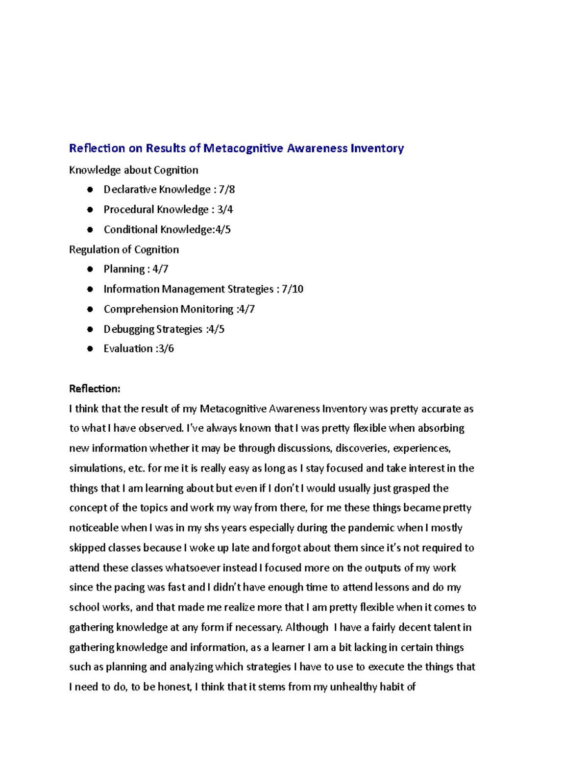 D12G Module 12 Assignment 1 - Reflection On Results Of Metacognitive ...