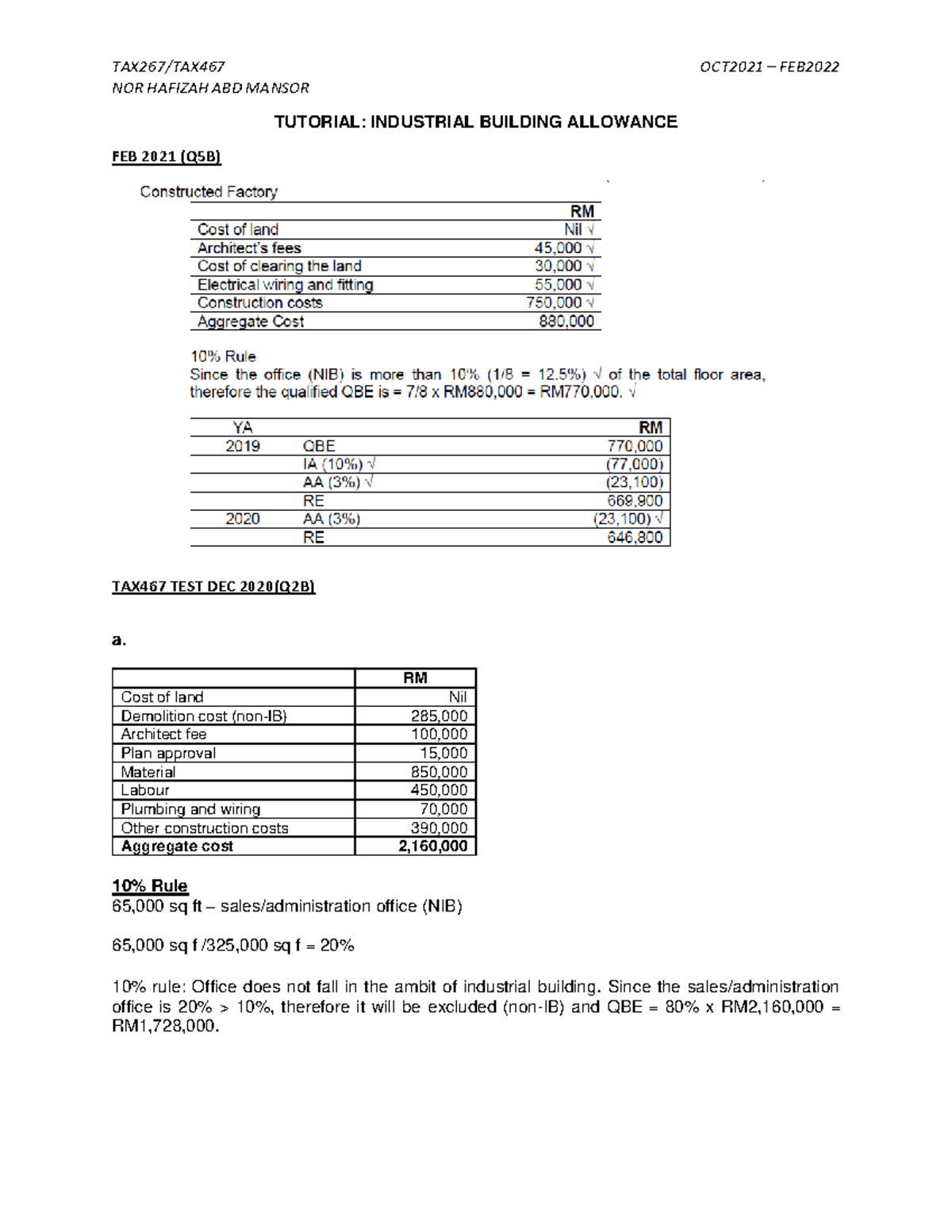 Tutorial SS Industrial Building Allowance TAX267/TAX467 OCT2021 FEB