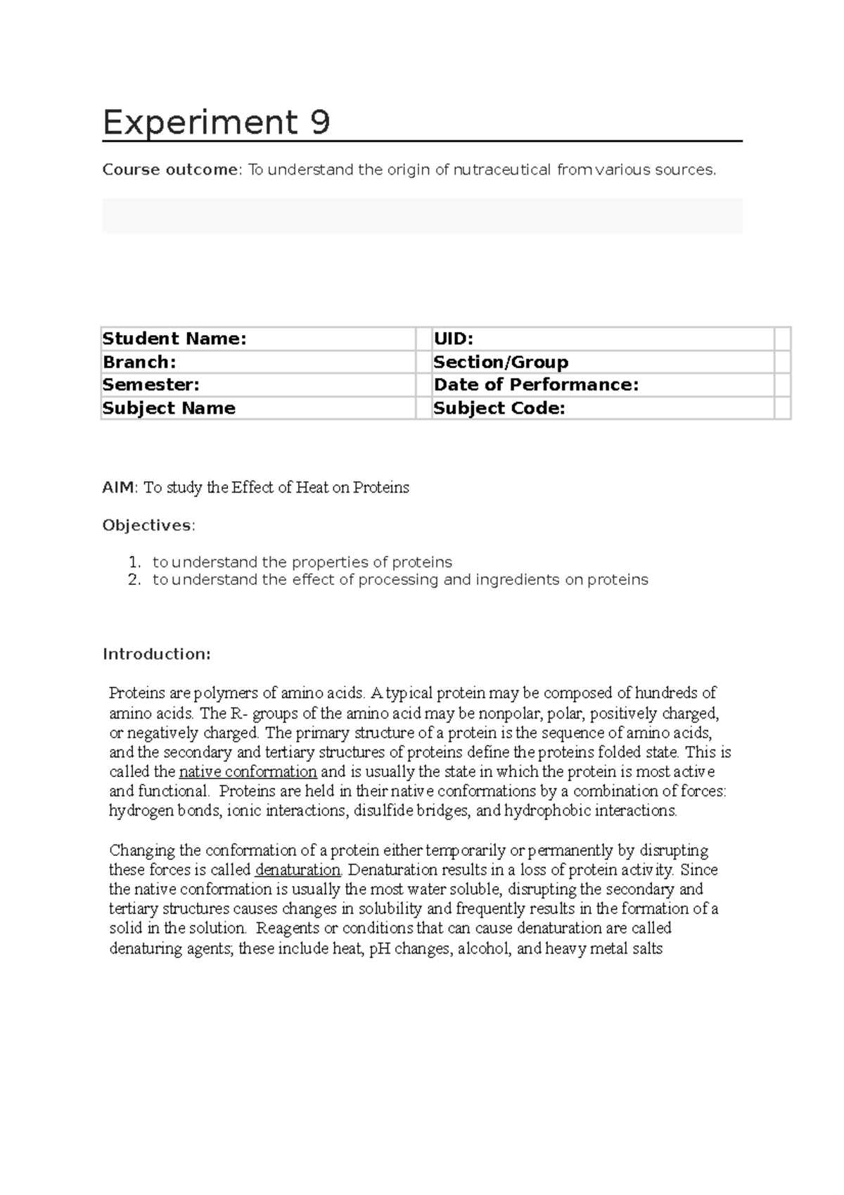 Experiment 9 - food nutrition and diet - Experiment 9 Course outcome ...