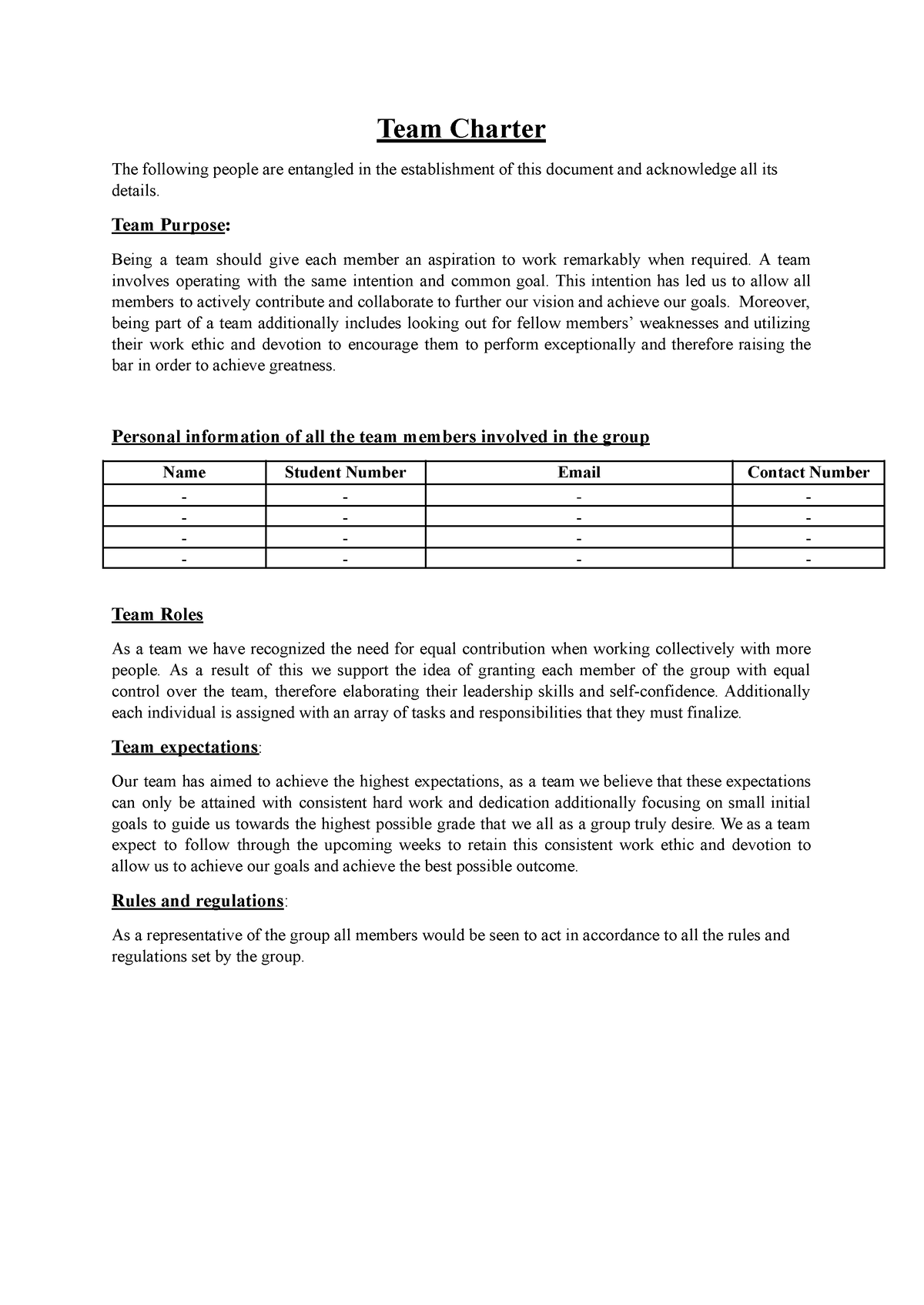 BUS 100 Charter Template - Team Charter The following people are ...