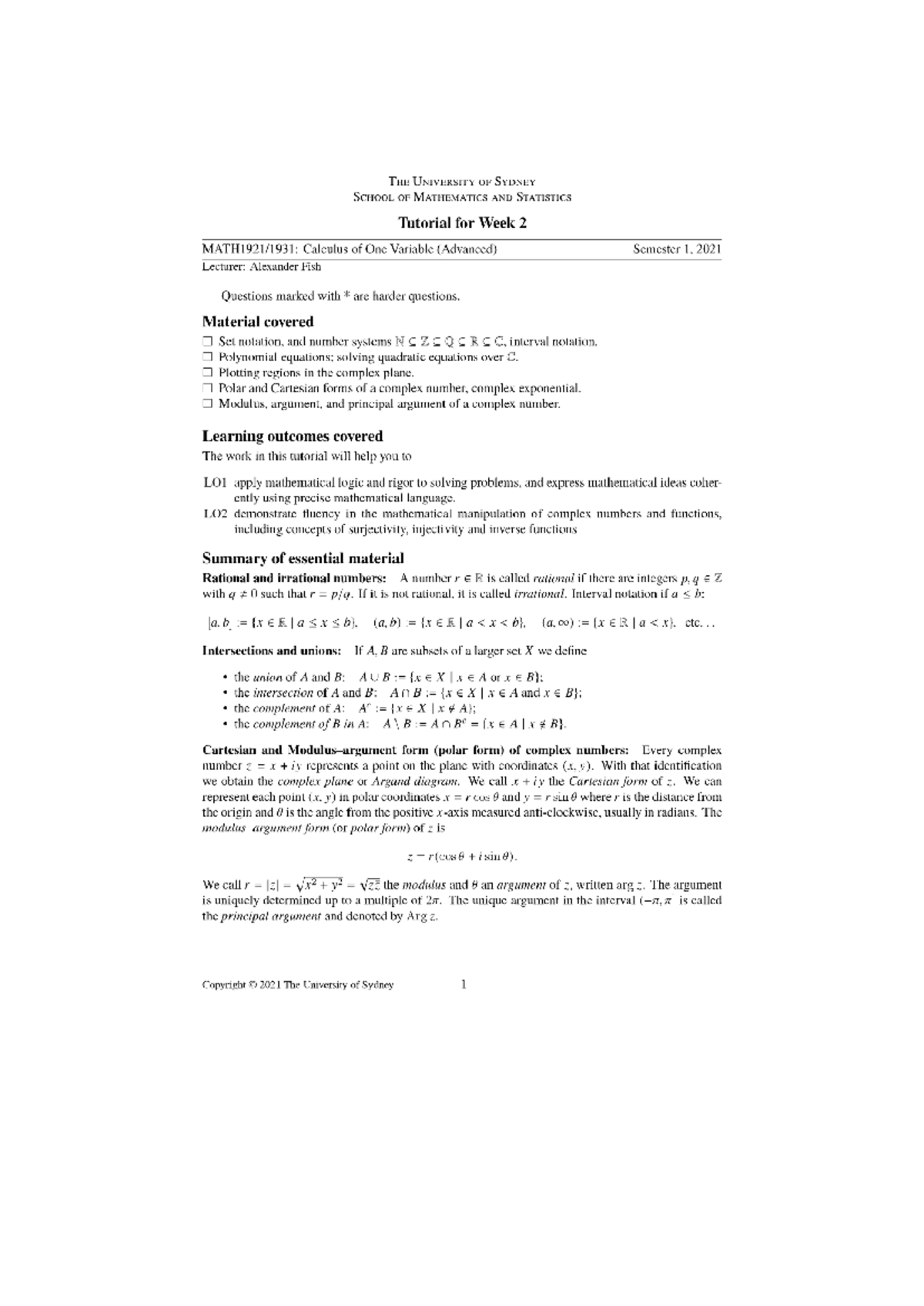 1921 Tutorial 1 - THE UNIVERSITY OF SYDNEY SCHOOL OF MATHEMATICS AND ...