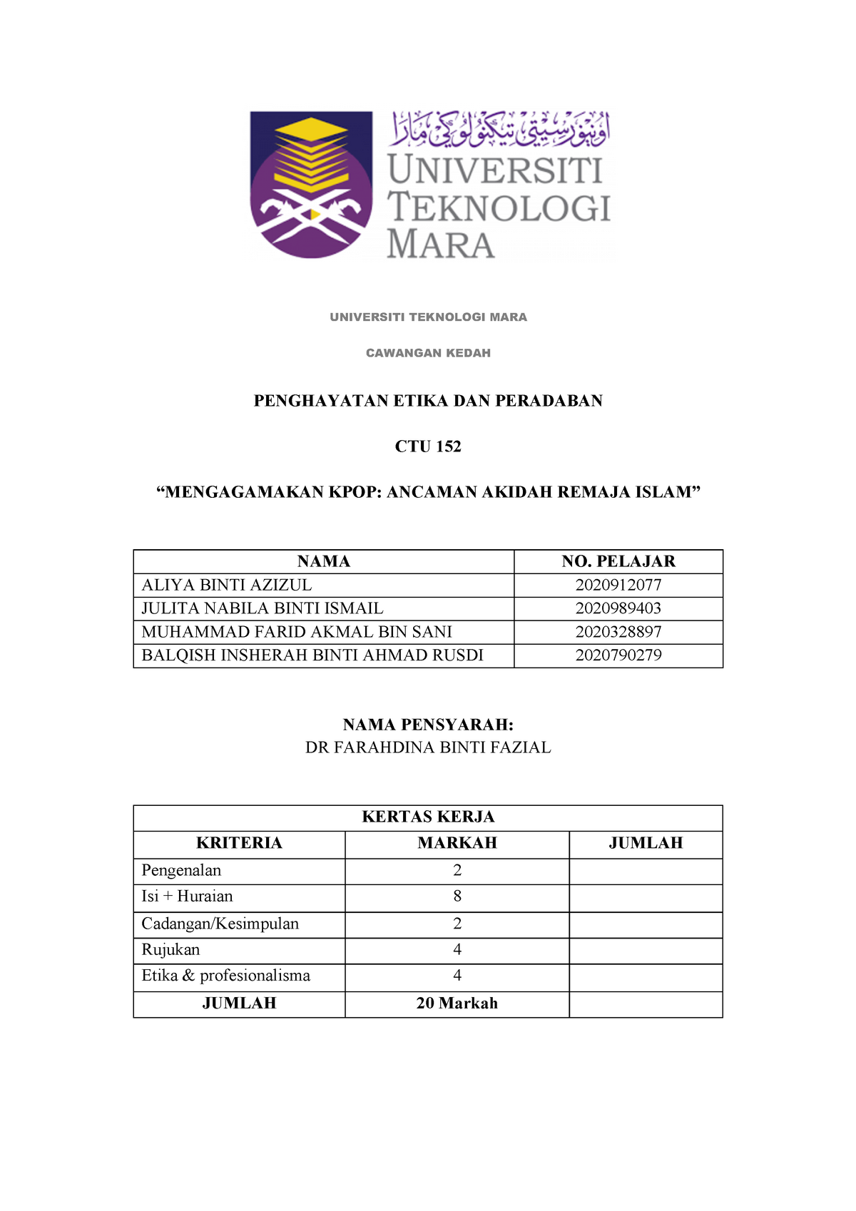 CTU152 KERTAS KERJA - UNIVERSITI TEKNOLOGI MARA CAWANGAN KEDAH ...