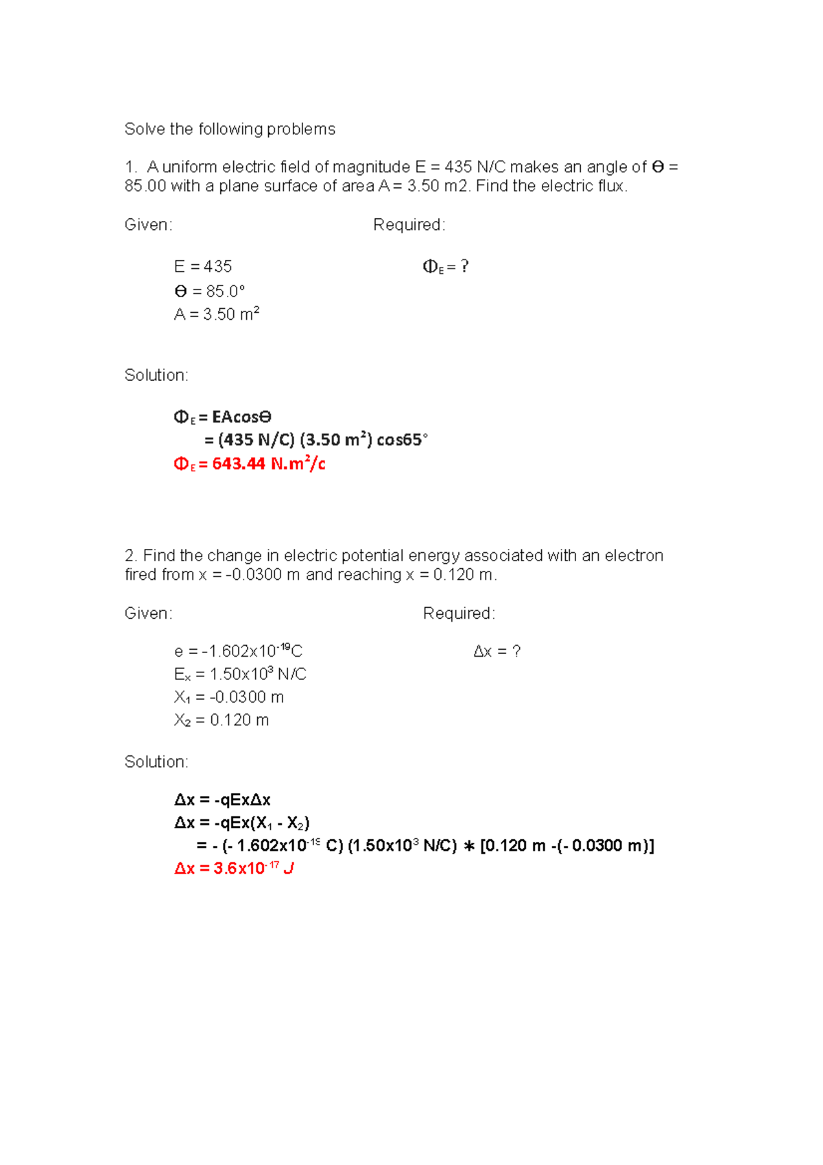 Physics - Solve the following problems 1.85 A uniform electric field of ...