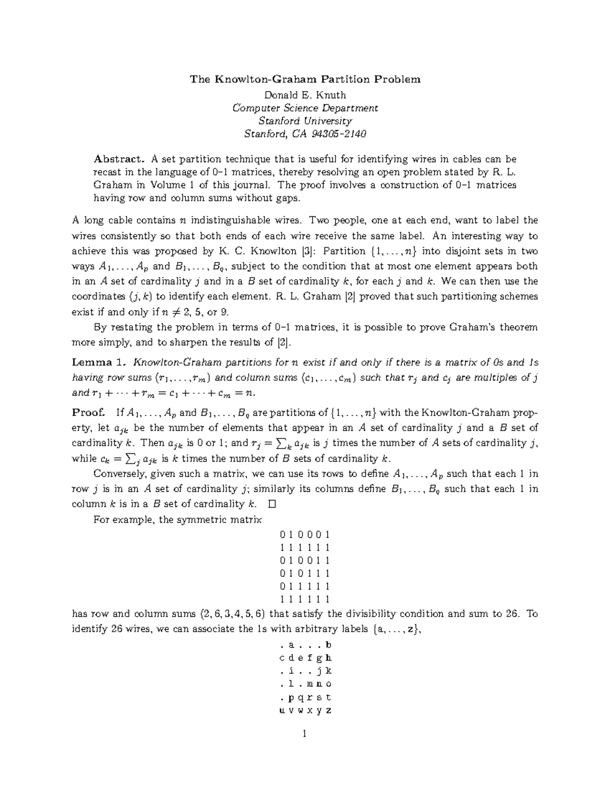 Kgpp - Notes for studying - The Knowlton-Graham Partition Problem ...