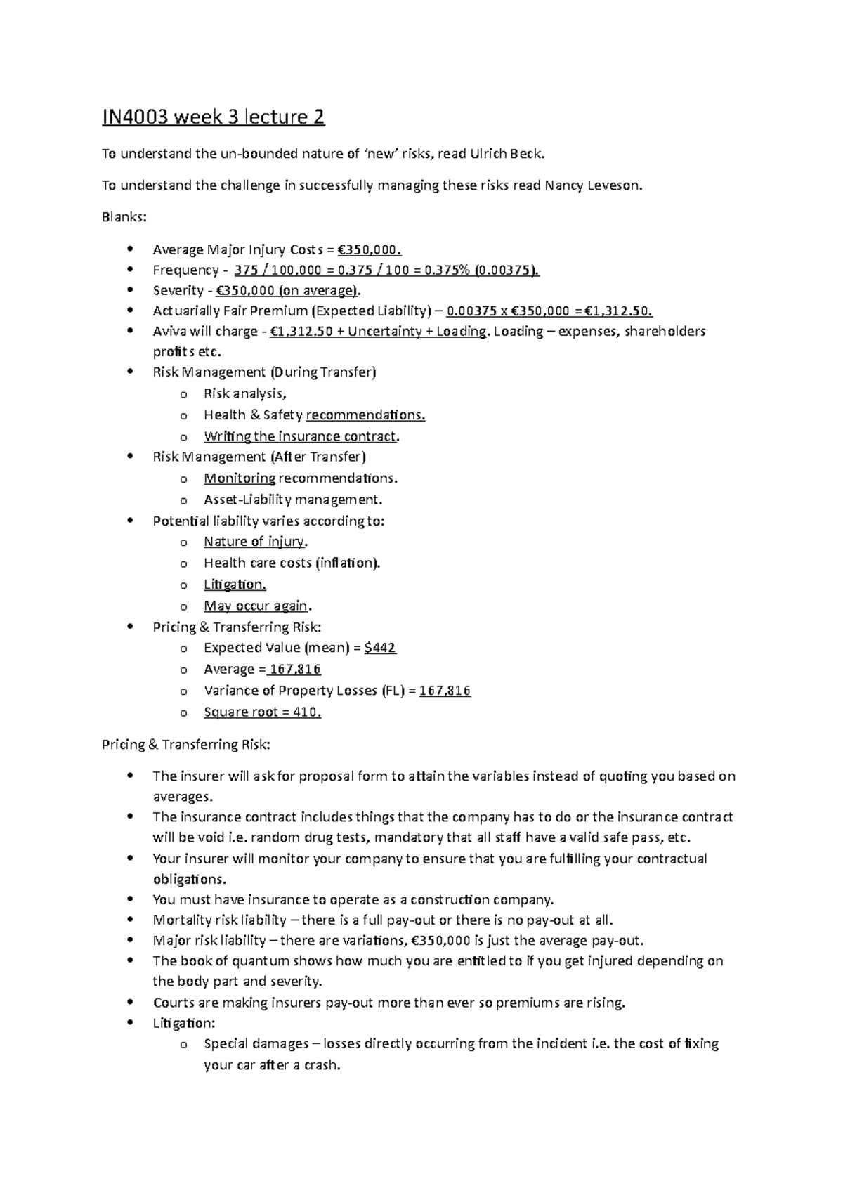 IN4003 week 1 lecture 2 - Summary Principles of Risk Management ...