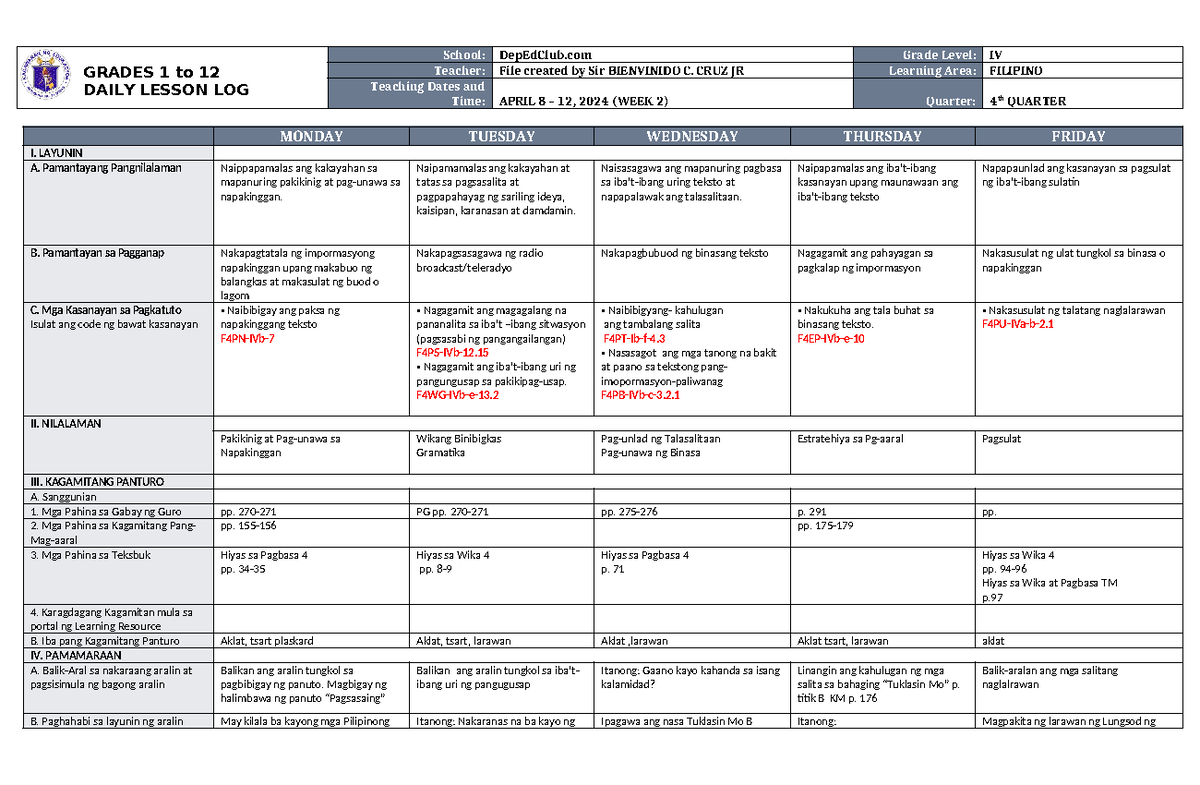 DLL Filipino 4 Q4 W2 - DLL - GRADES 1 to 12 DAILY LESSON LOG School ...