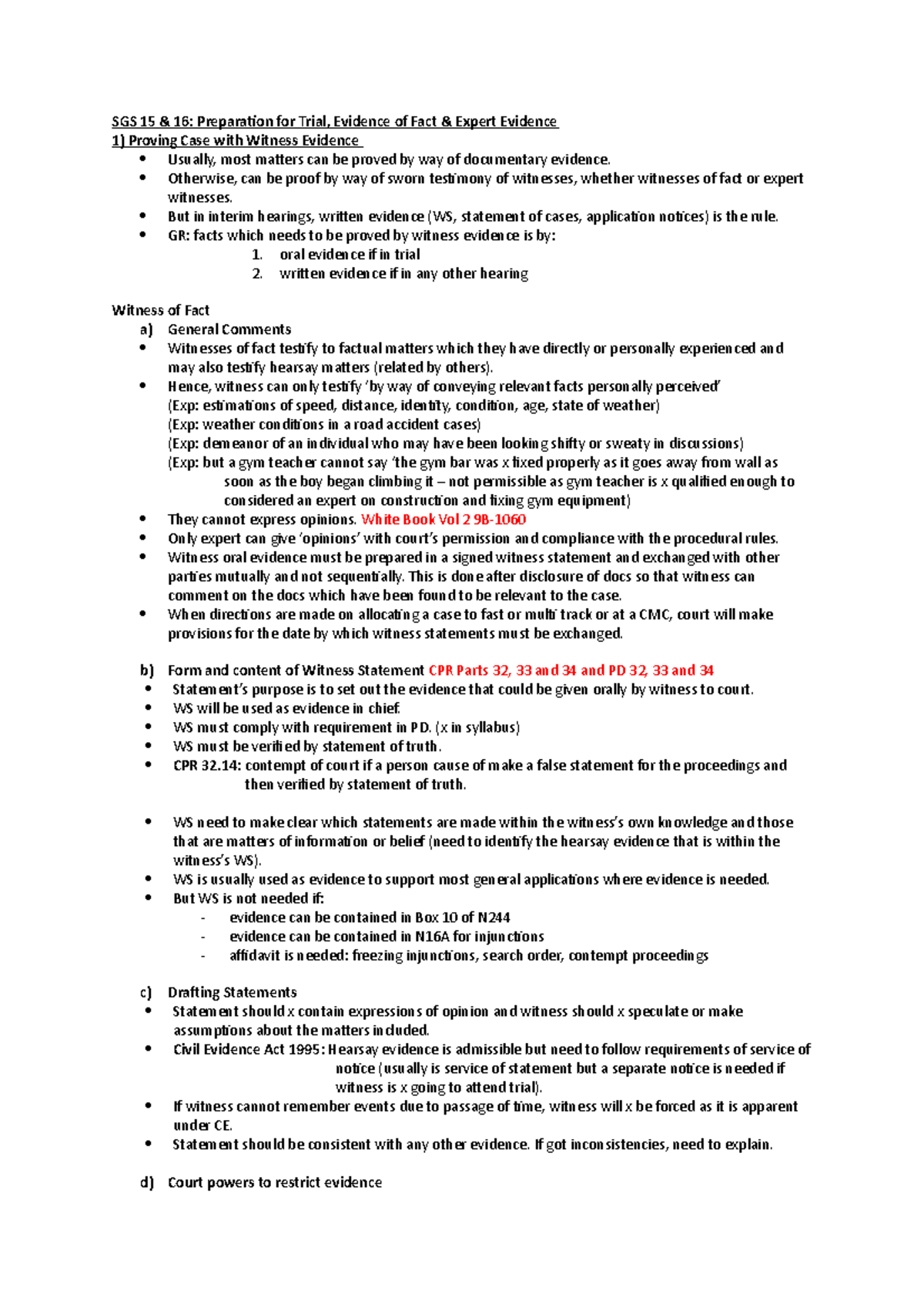 Notes - Evidence + Expert Evidence - SGS 15 & 16: Preparation for Trial ...