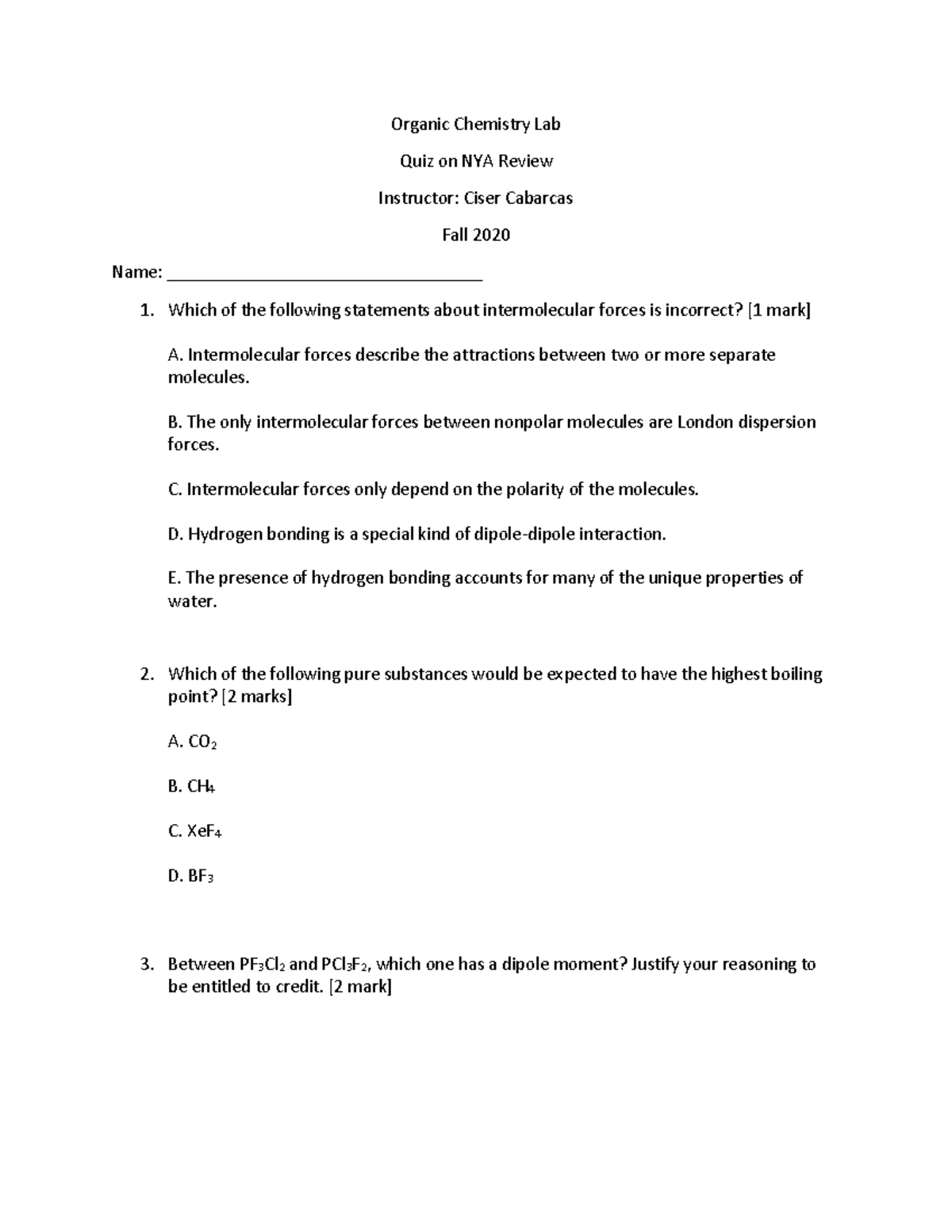 1st Lab Quiz - lab quiz - Organic Chemistry Lab Quiz on NYA Review ...