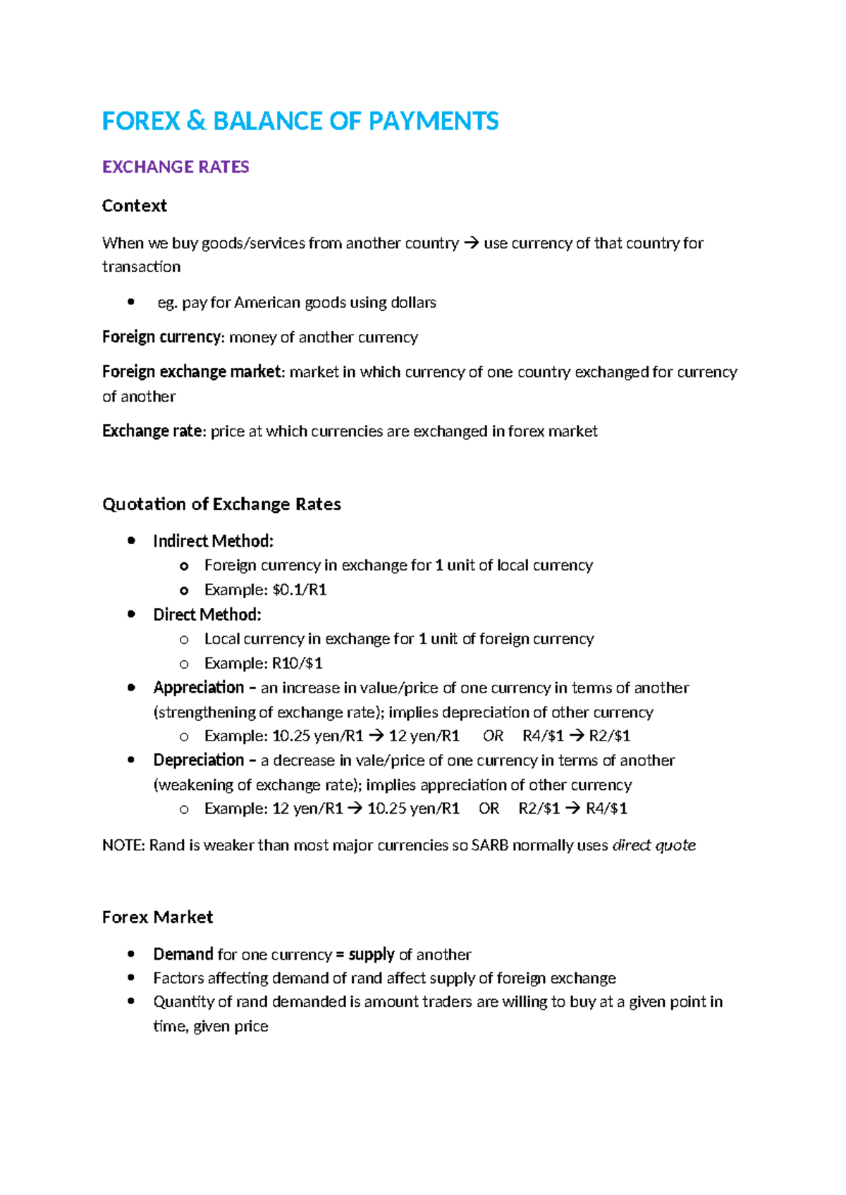 Forex market Notes - FOREX & BALANCE OF PAYMENTS EXCHANGE RATES Context ...