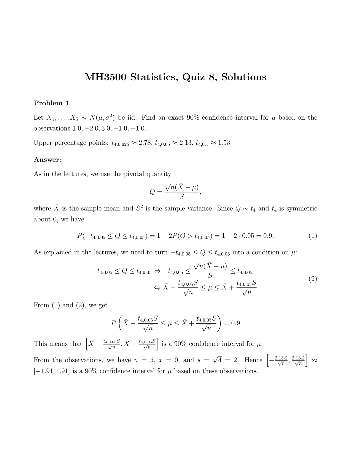 Quiz18 Solutions - Statistic Assignment - MH3500 Statistics, Quiz 8 ...