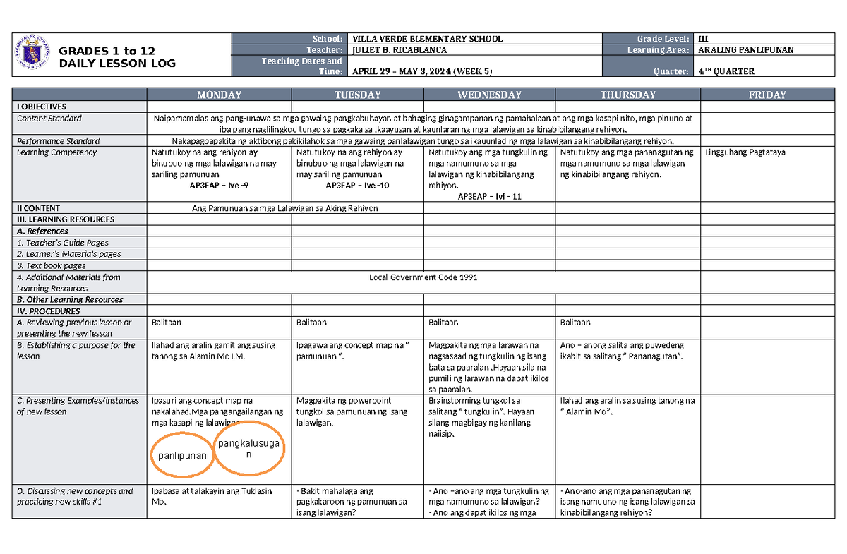 DLL Araling Panlipunan 3 Q4 W5 - GRADES 1 to 12 DAILY LESSON LOG School ...