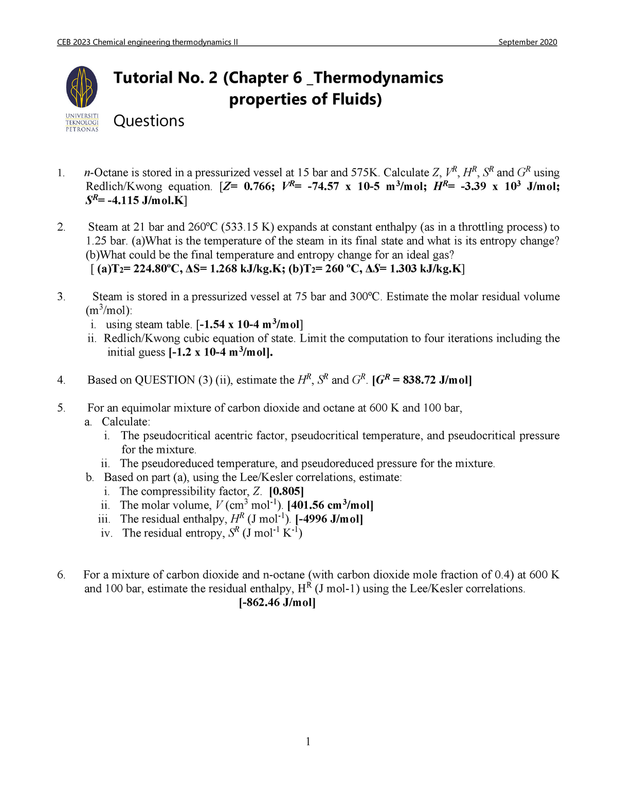 Tutorial 2 Chapter 6 Thermodynamics Properties Of Fluids Studocu