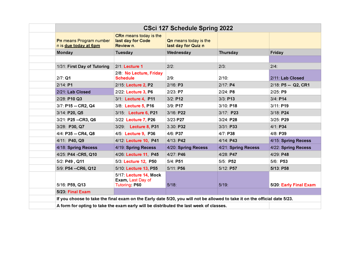 Lab Schedule for CSCI 127 CSci 127 Schedule Spring 2022 Pn means