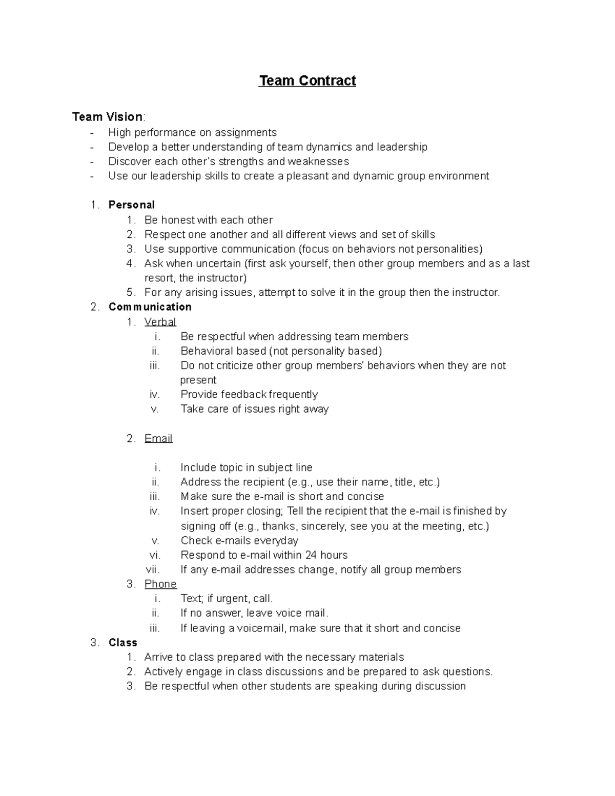 Project Team Charter - Team Contract Team Vision: High performance on ...