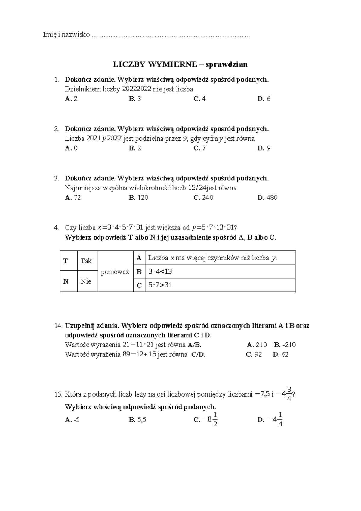 Sprawdzian Liczby Wymierne Klasa 7 www.studocu.com