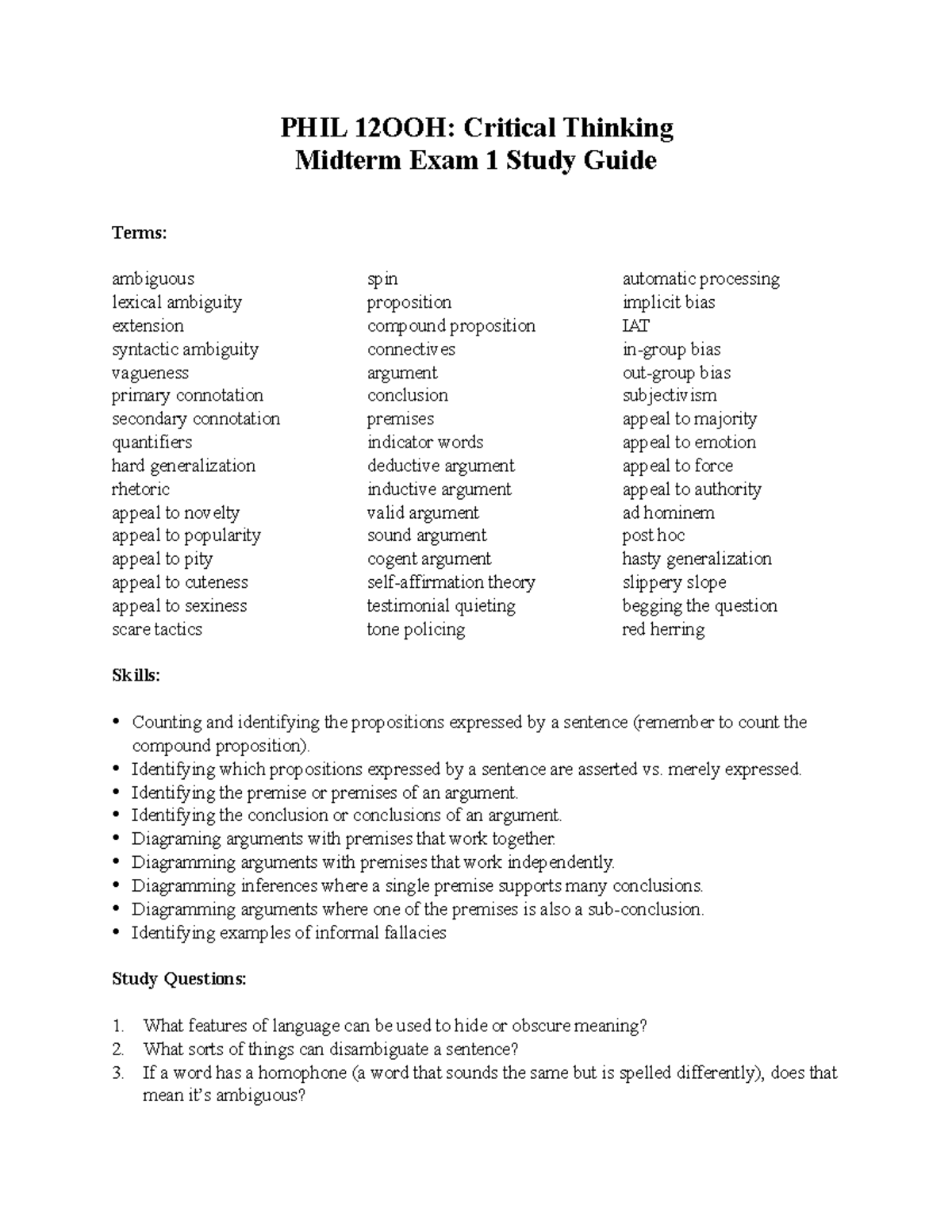 Exam 1 Study Guide - PSYC 1200H - PHIL 12OOH: Critical Thinking Midterm ...