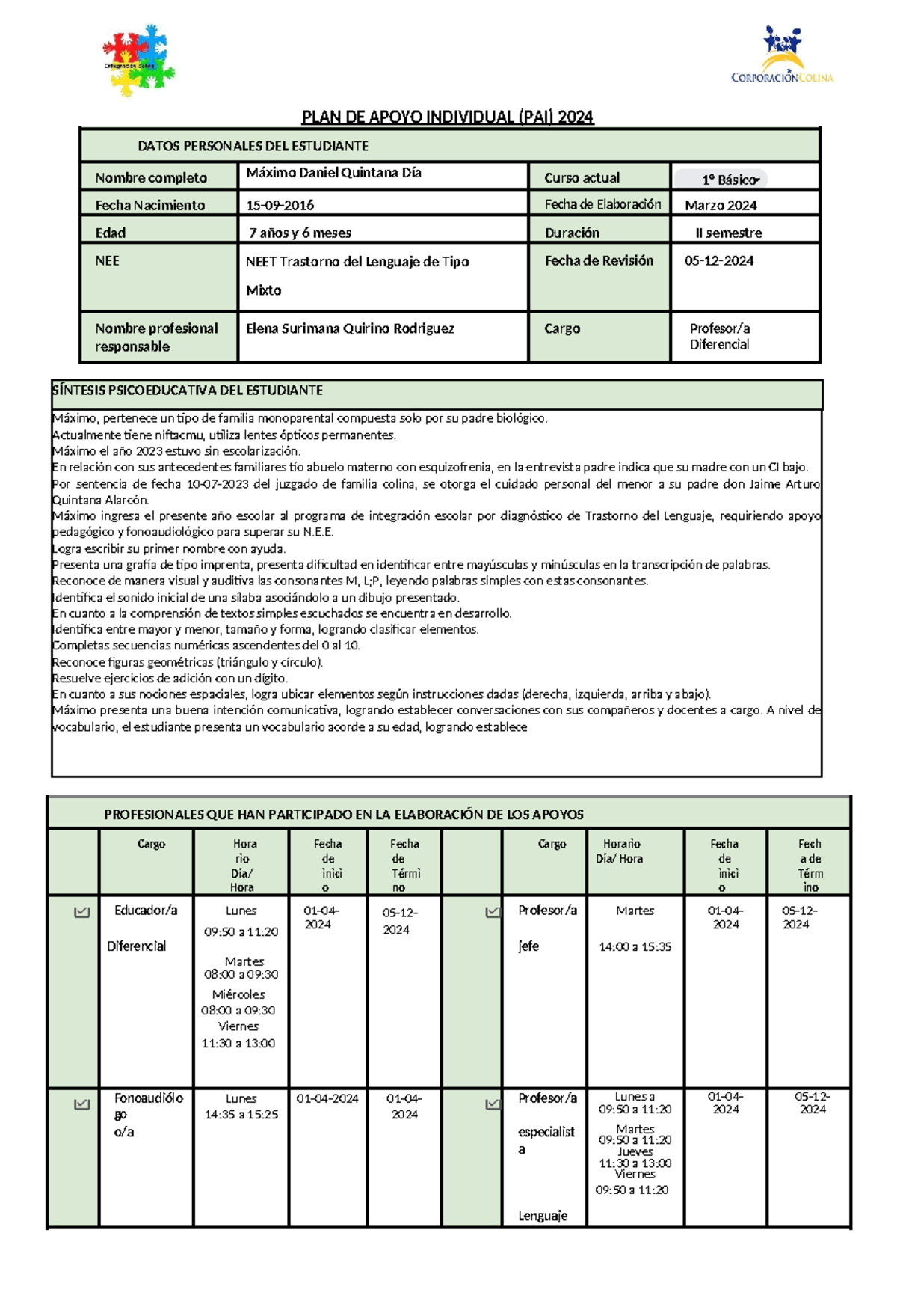 Formato PAI 2024 - acompañamiento - PLAN DE APOYO INDIVIDUAL (PAI) 2024 ...