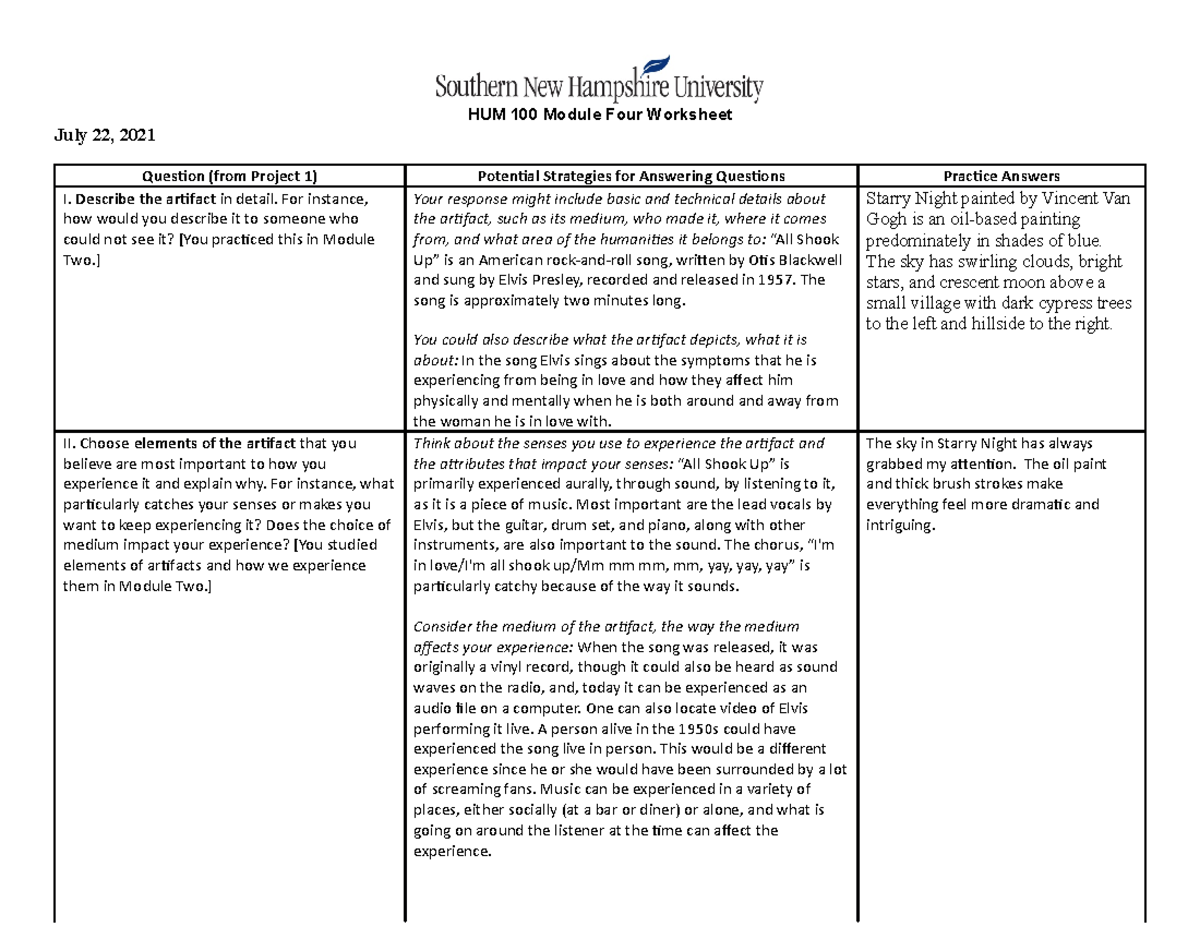 HUM 100 4-2 Artifact Chart Project 1 Practice - HUM 100 Module Four ...