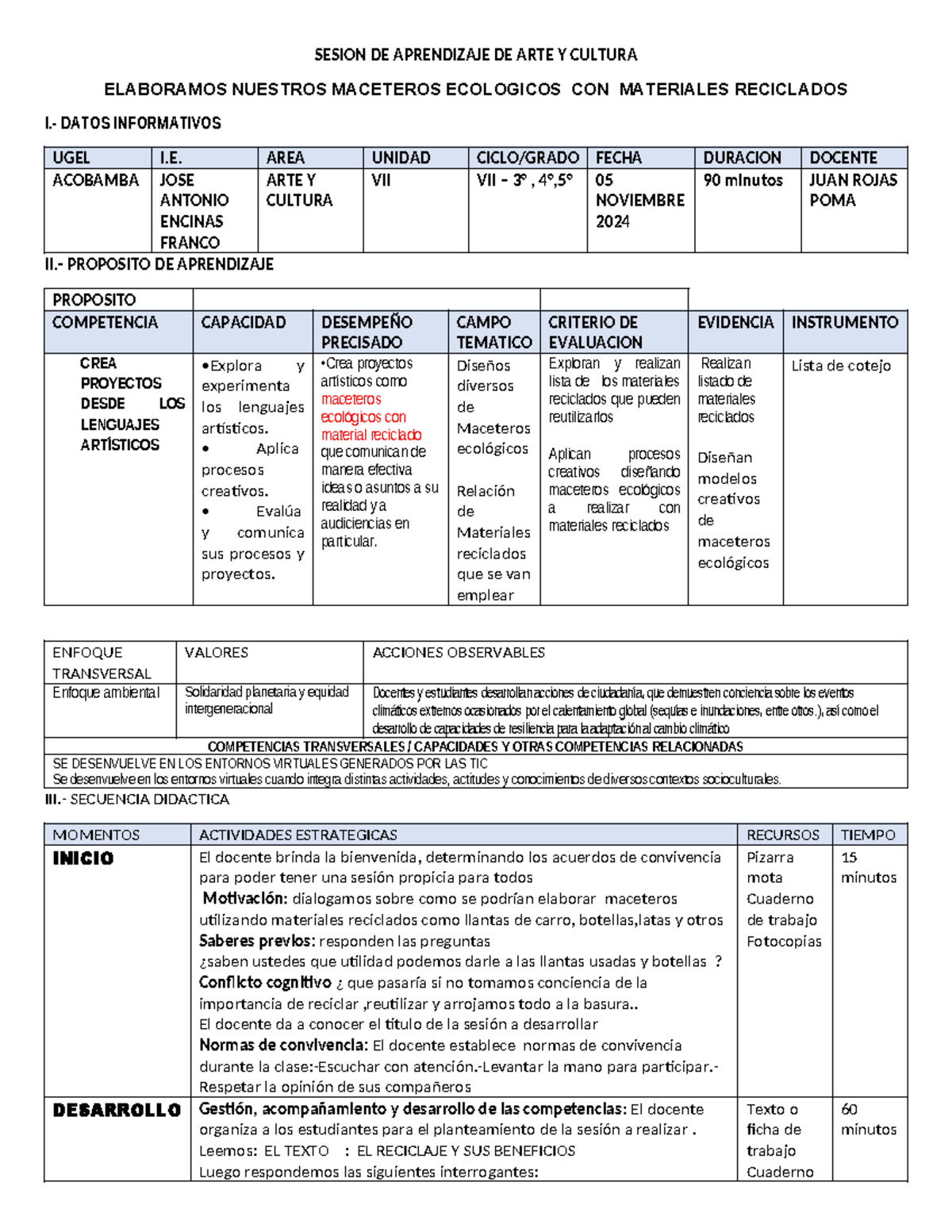 Sesion DE Aprendizaje DE ARTE Y Cultura JRP - SESION DE APRENDIZAJE DE ...