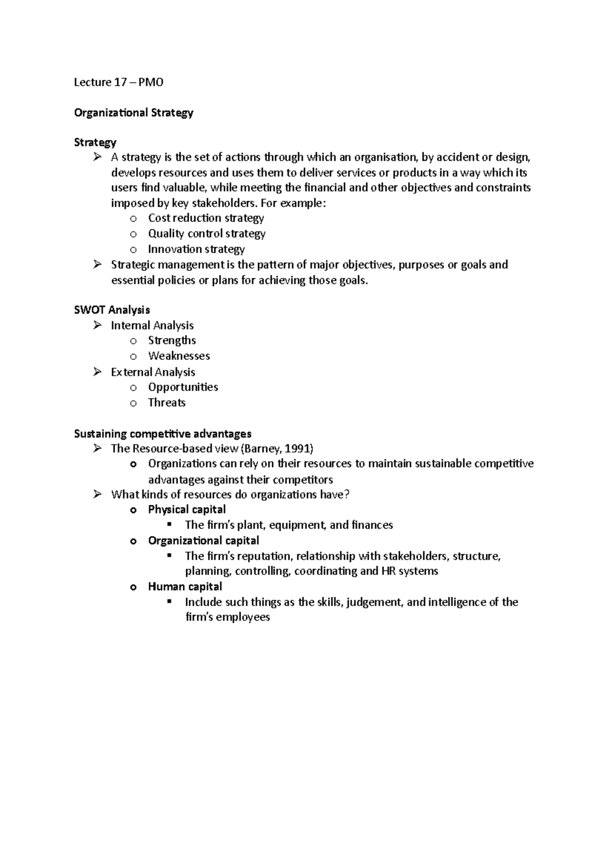 Lecture 17 - PMO - Organizational Strategy - SWOT - VRIO - Resource ...