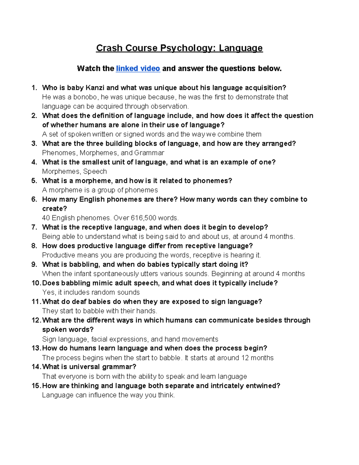 Crash Course Psychology Language Worksheet Crash Course Psychology