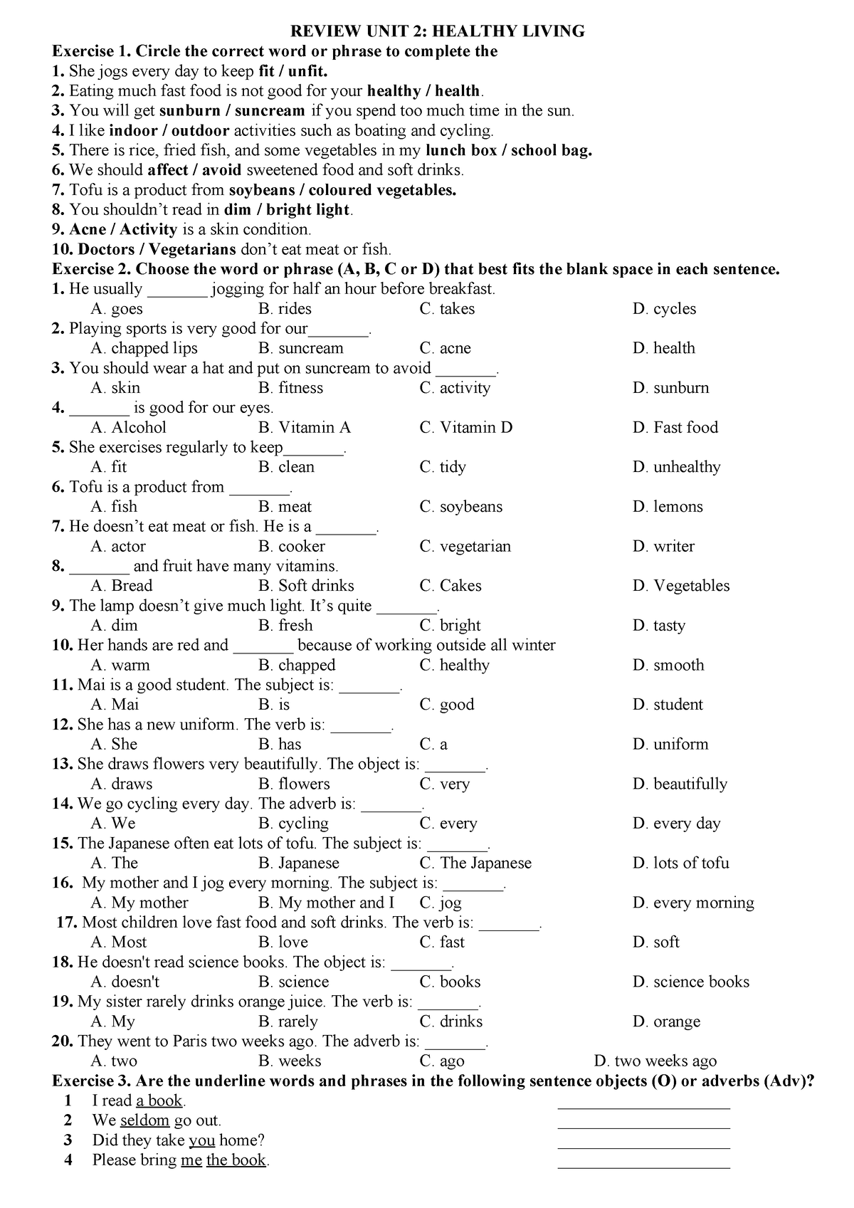 Review UNIT 2 G7 - grammar&vocab - REVIEW UNIT 2: HEALTHY LIVING ...