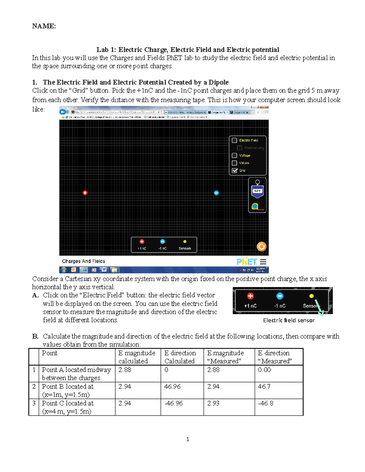 Lab 1 Example Electric field sensor NAME Lab 1 Electric Charge