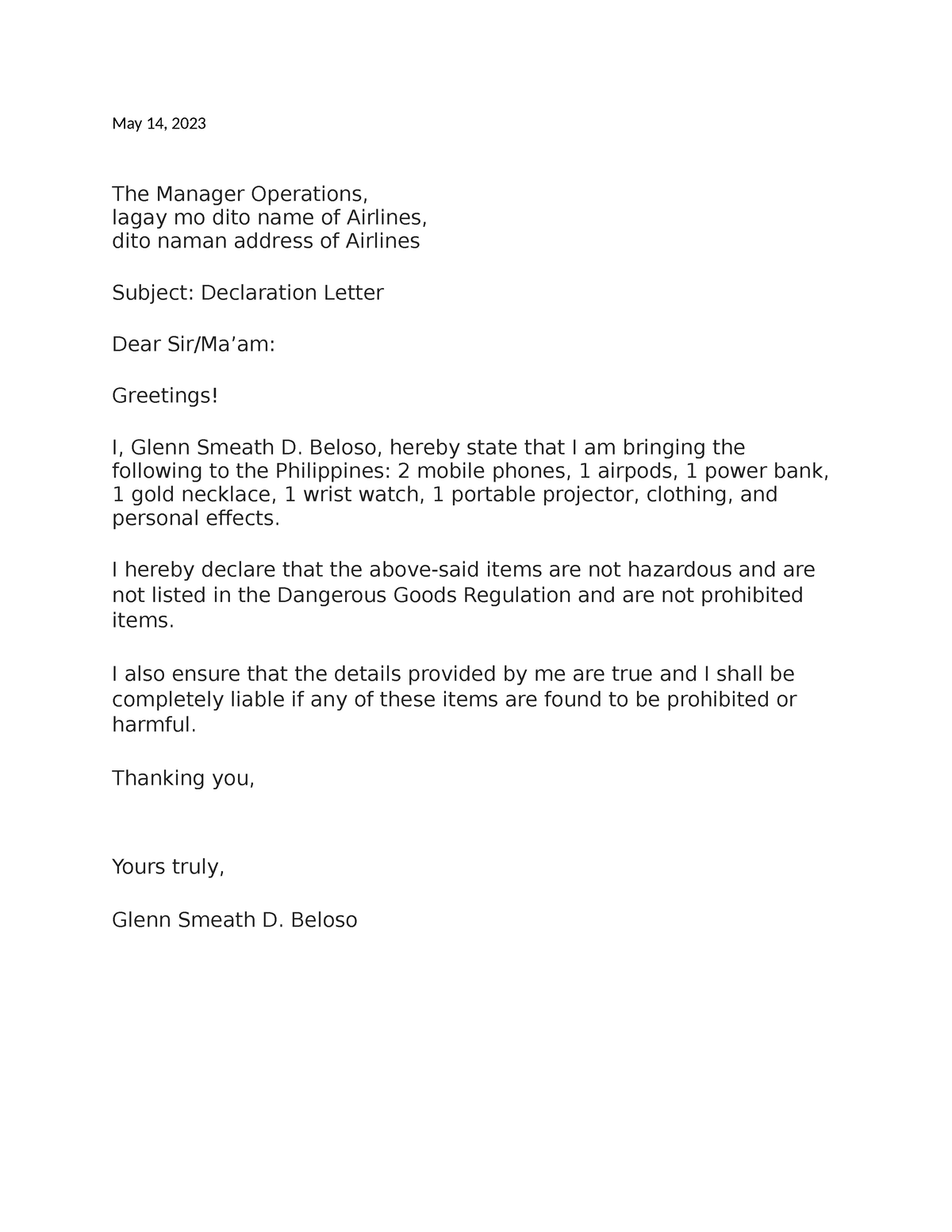 Declaration letter - May 14, 2023 The Manager Operations, lagay mo dito ...