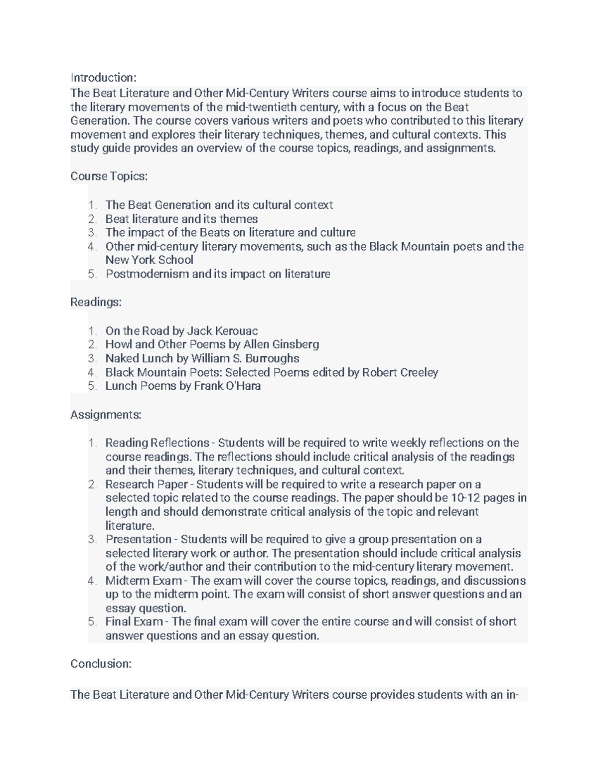 The Beat Literature and Other MidCentury Writers summary Introduction The Beat Literature