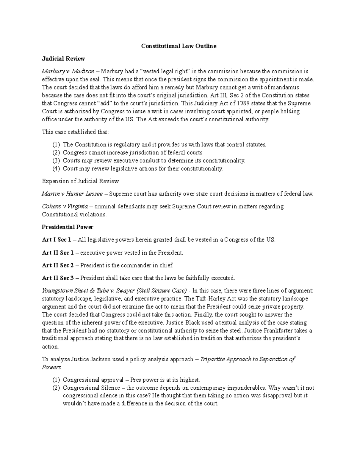 Con Law Outline 1 Constitutional Law Outline Judicial Review Marbury