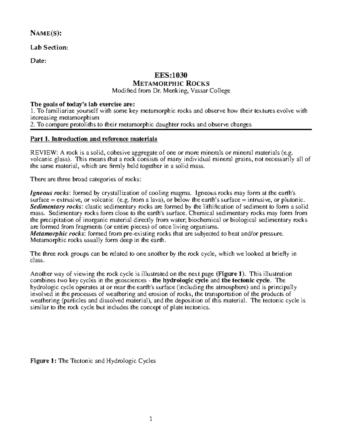 Metamorphic Rocks LAB NAME(S) Lab Section Date EES METAMORPHIC
