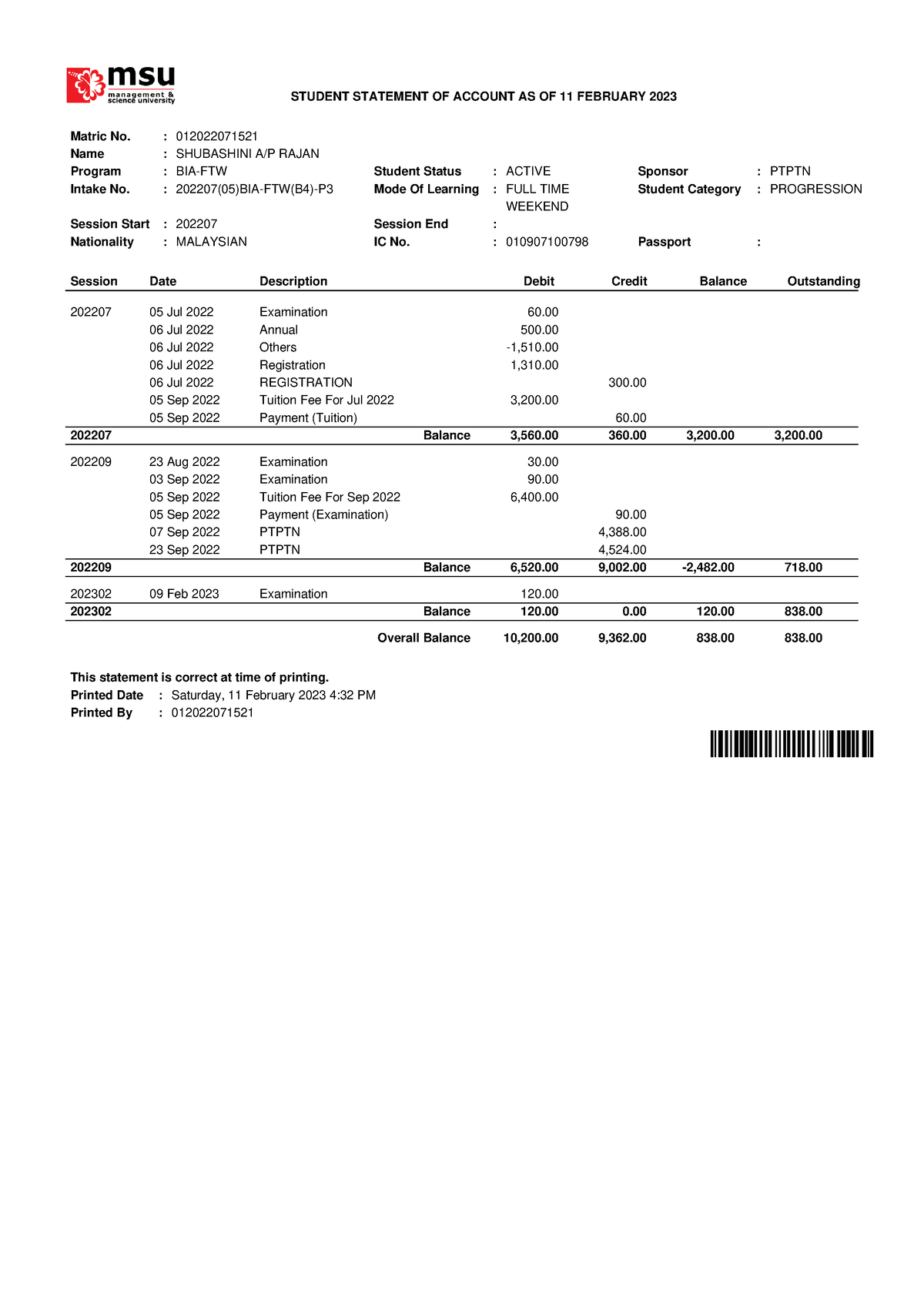 Doc - Eisdididix - STUDENT STATEMENT OF ACCOUNT AS OF 11 FEBRUARY 2023 ...