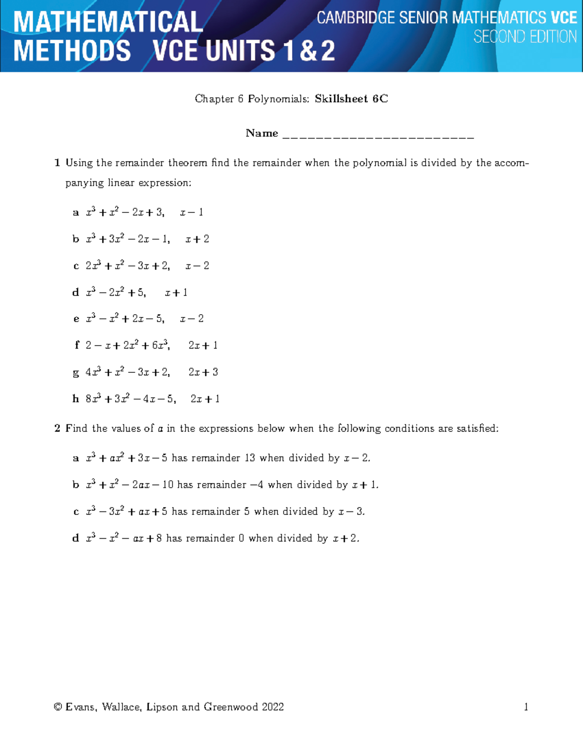 11M Polynomials 6C-Skillsheet - Chapter 6 Polynomials: Skillsheet 6C ...