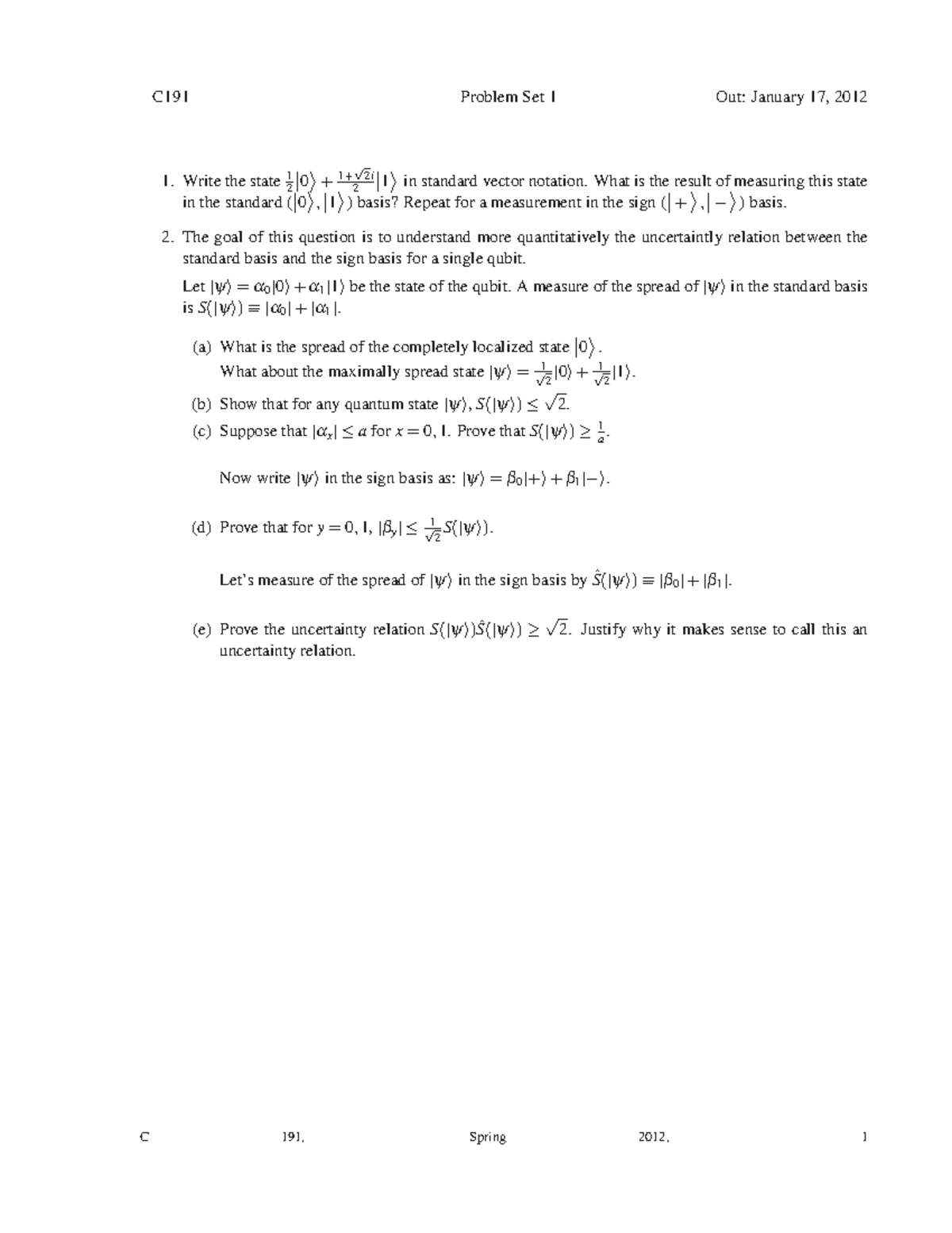 Homework Assignment 1 C191 Problem Set 1 Out January 17 2012 Write Homework Assignment 1 C191 Problem Set 1 Out January 17 2012 Write