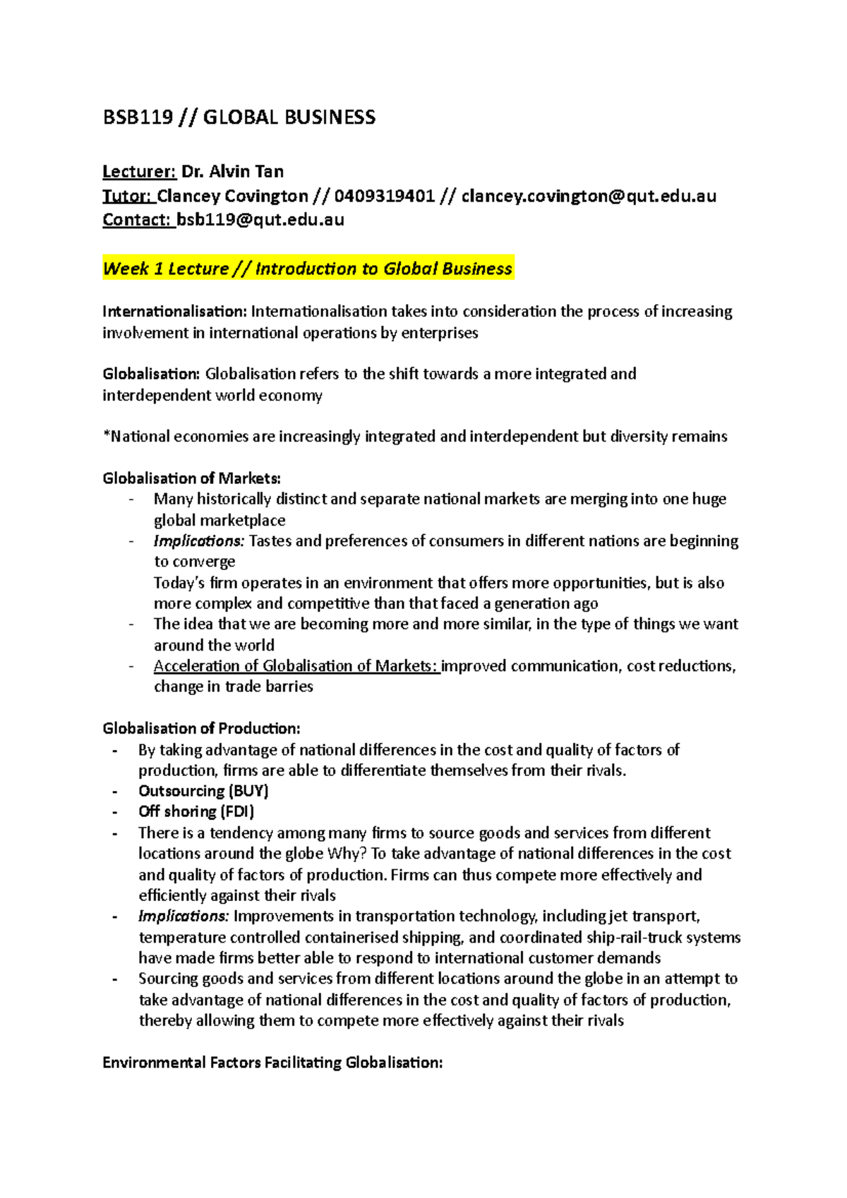 BSB119 Lecture & tut notes - BSB119 // GLOBAL BUSINESS Lecturer: Dr ...