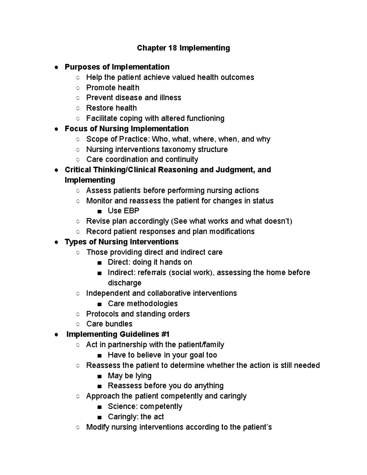 NURS 402 EXAM 2 - Exam 2 Beginning Notes. - Chapter 18 Implementing ...