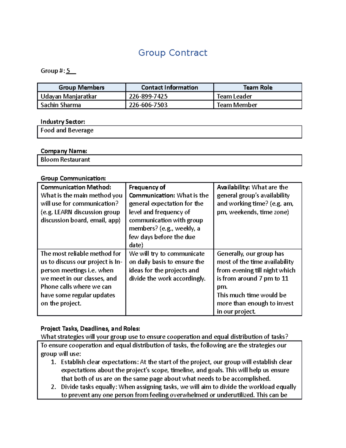 Group-contract - assignment - Group Contract Group #: 5 Group Members ...
